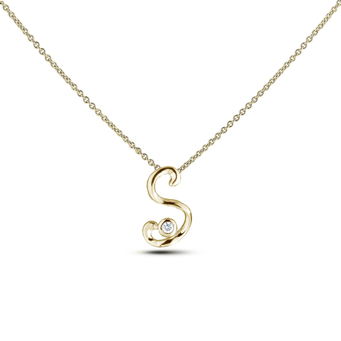 Yellow Gold Canadian diamond pendant necklace featuring a script alphabet letter R design, displayed on a matching silver rolo chain.