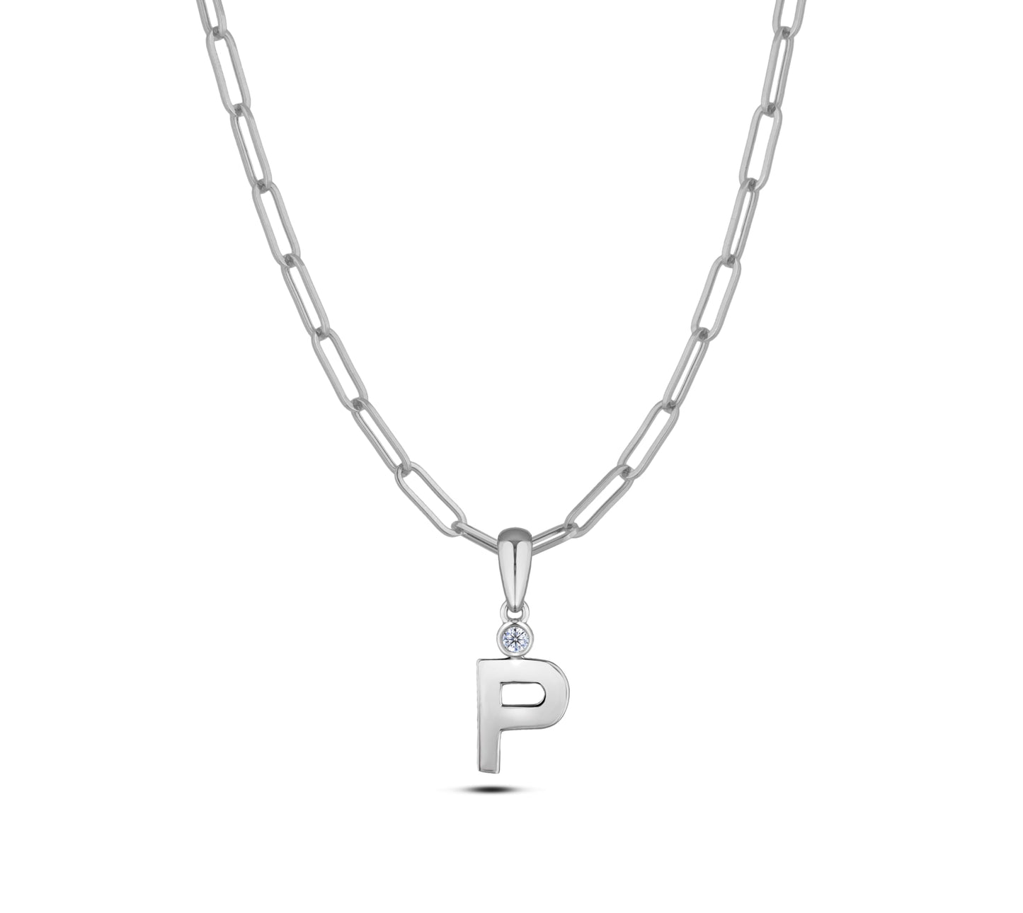 Sterling silver Canadian diamond pendant necklace featuring a black style letter P design, displayed on a matching silver paperclip chain.
