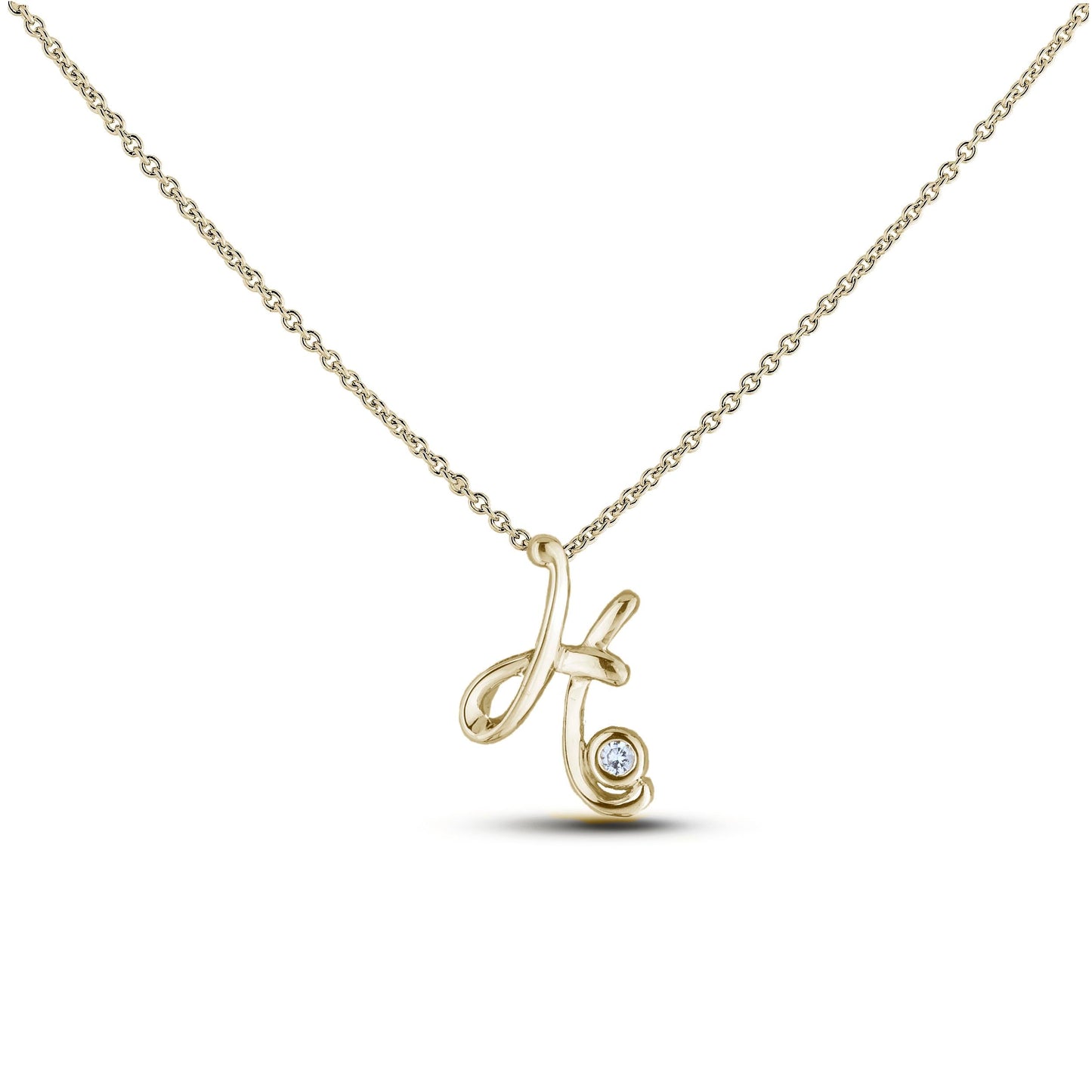 Yellow Gold Canadian diamond pendant necklace featuring a script alphabet letter H design, displayed on a matching silver rolo chain.