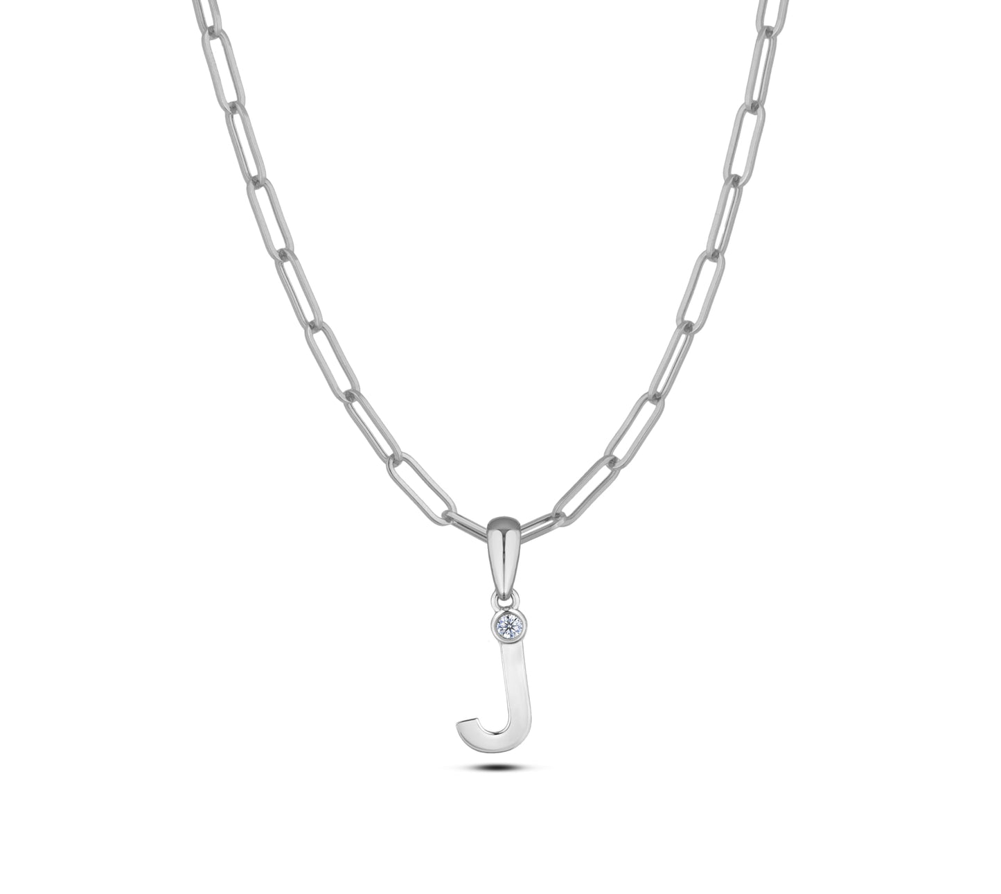 Sterling silver Canadian diamond pendant necklace featuring a black style letter J design, displayed on a matching silver paperclip chain.