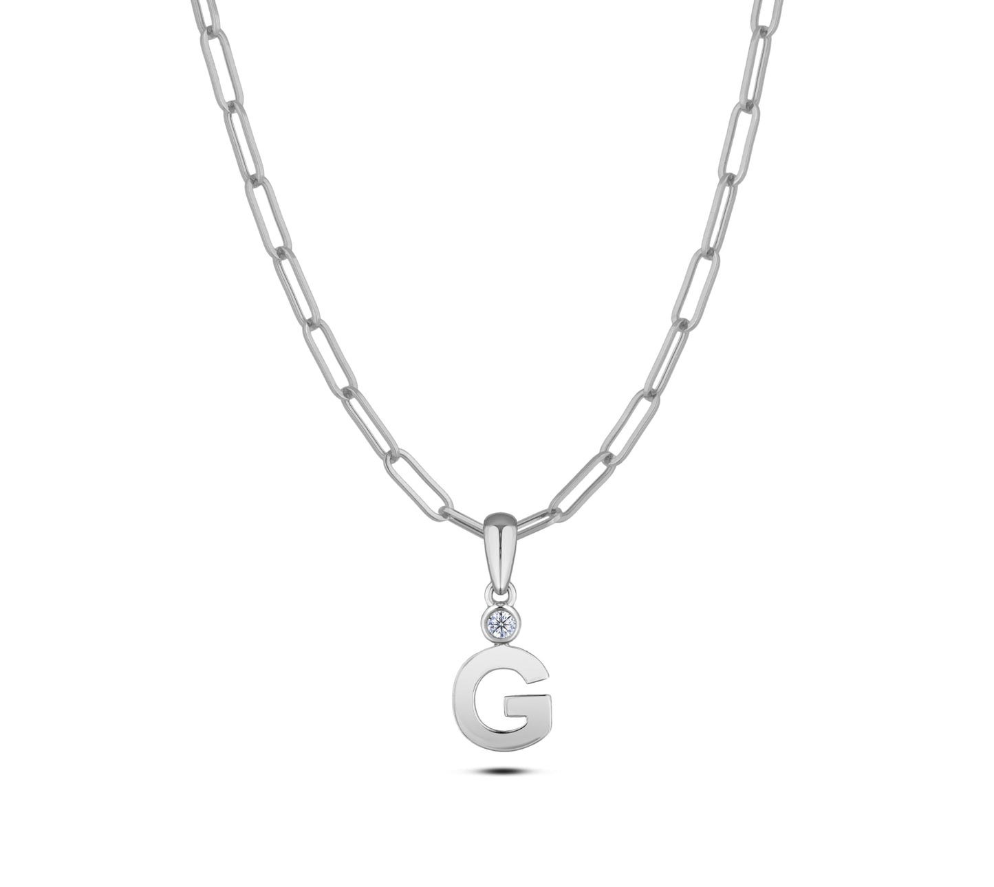 Sterling silver Canadian diamond pendant necklace featuring a black style letter G design, displayed on a matching silver paperclip chain.