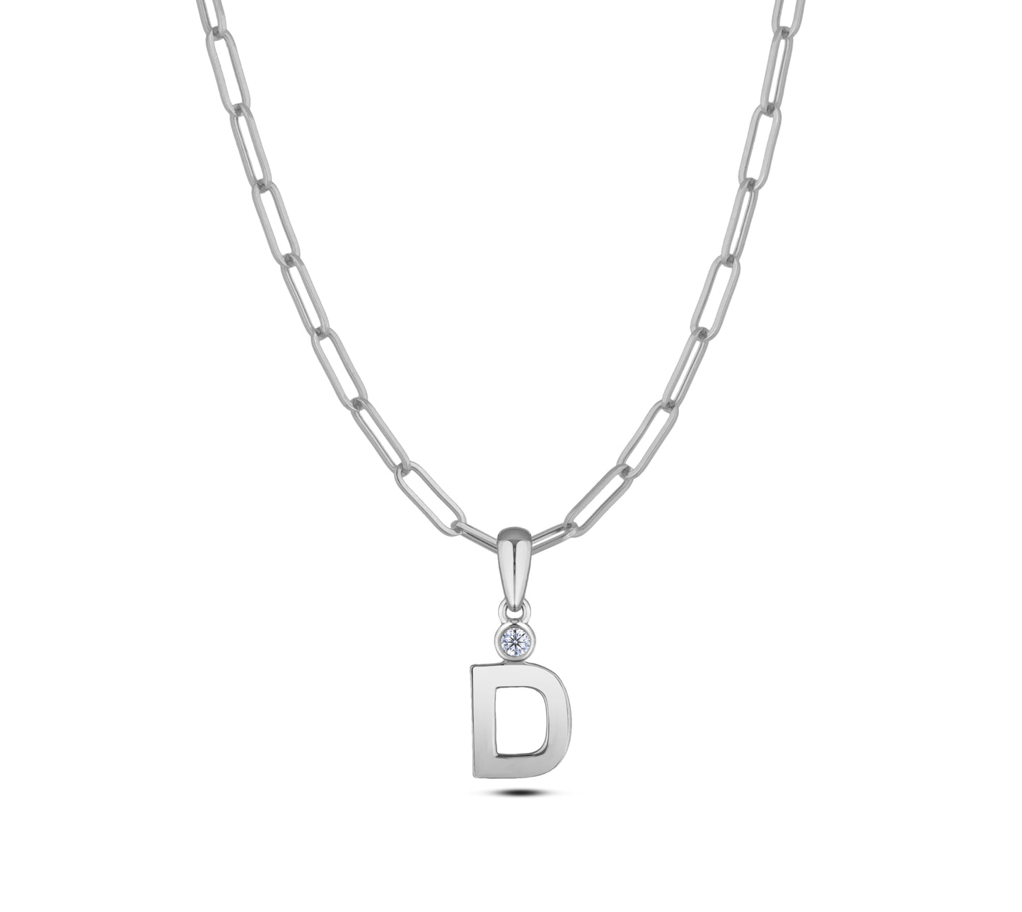 Sterling silver Canadian diamond pendant necklace featuring a black style letter D design, displayed on a matching silver paperclip chain.