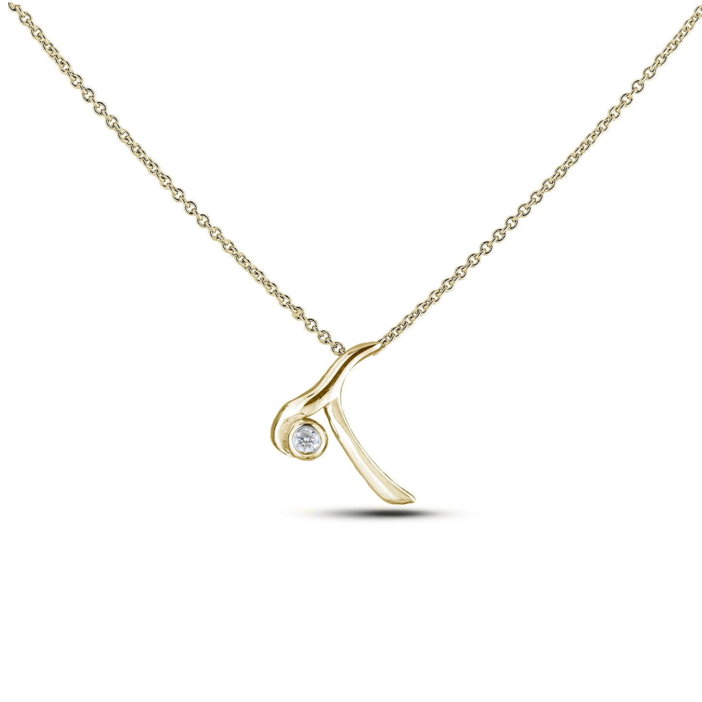 Yellow Gold Canadian diamond pendant necklace featuring a script alphabet letter T design, displayed on a matching silver rolo chain.