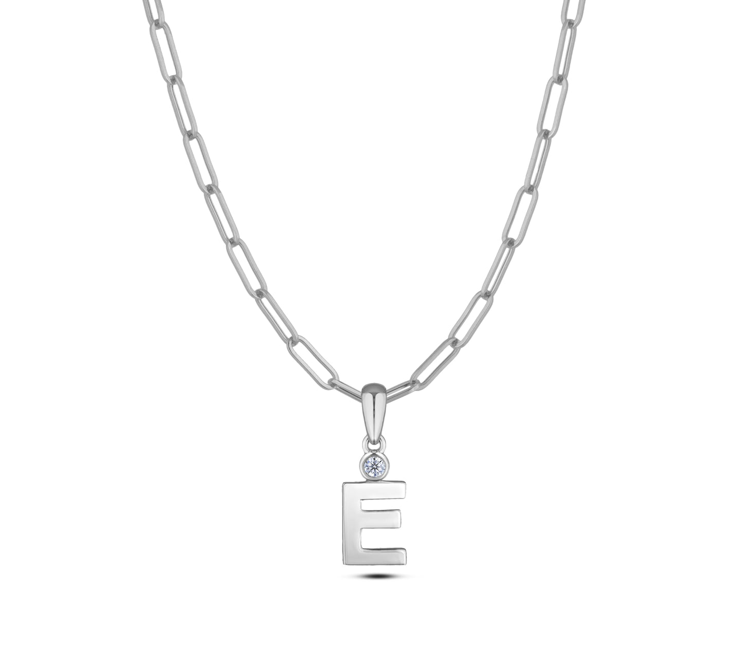 Sterling silver Canadian diamond pendant necklace featuring a black style letter E design, displayed on a matching silver paperclip chain.