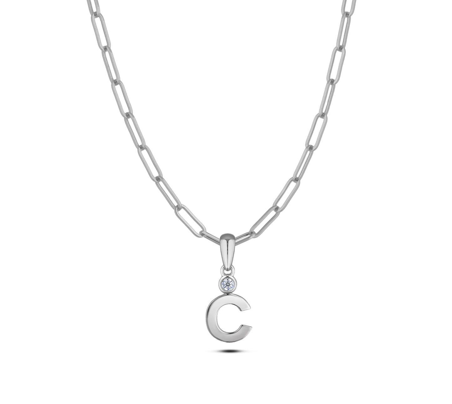Sterling silver Canadian diamond pendant necklace featuring a black style letter C design, displayed on a matching silver paperclip chain.