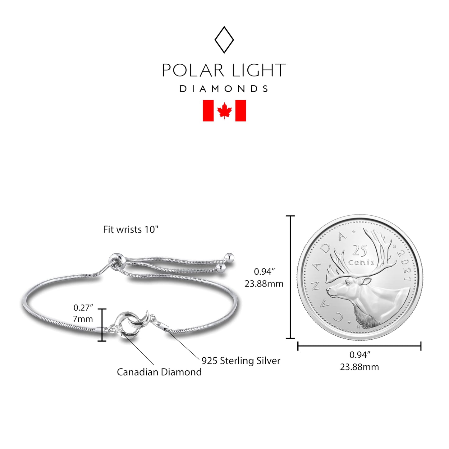 Size reference of Sterling silver moon bolo style bracelet featuring a round brilliant cut, canadian diamond to a Canadian quarter.