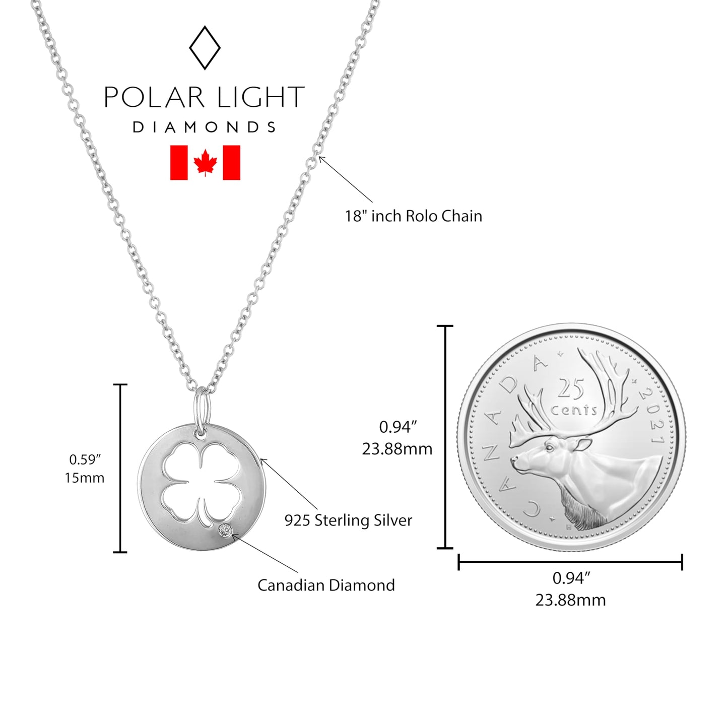 clover outline pendant size reference compared to a Canadian quarter. Pendant is 15mm tall.