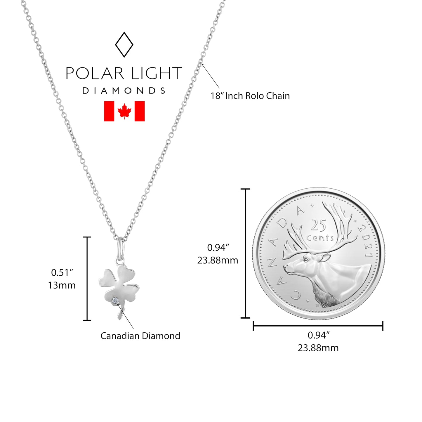Size reference for clover pendant and chain next to a Canadian quarter. The pendant is 13mm tall.