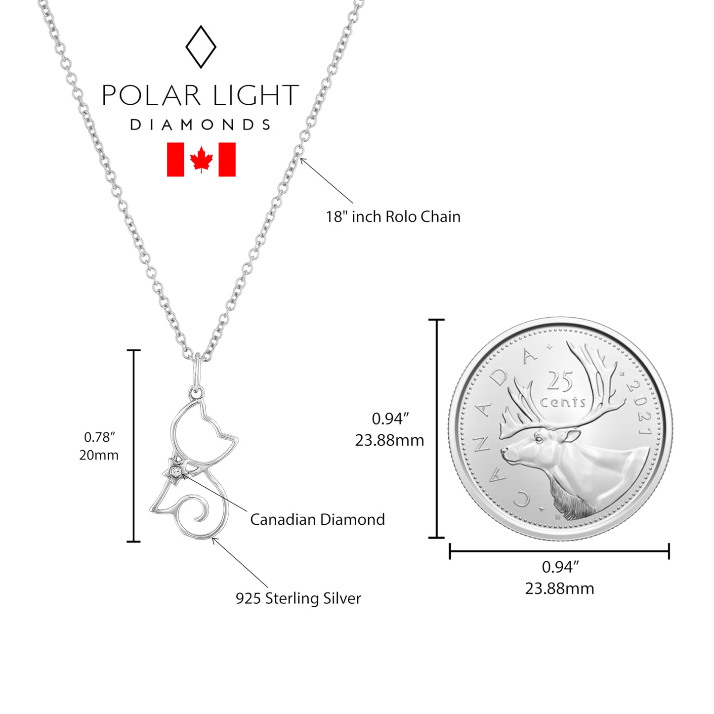 Sterling silver cat pendant featuring a round brilliant cut, canadian diamond in the center size reference to a Canadian quarter.
