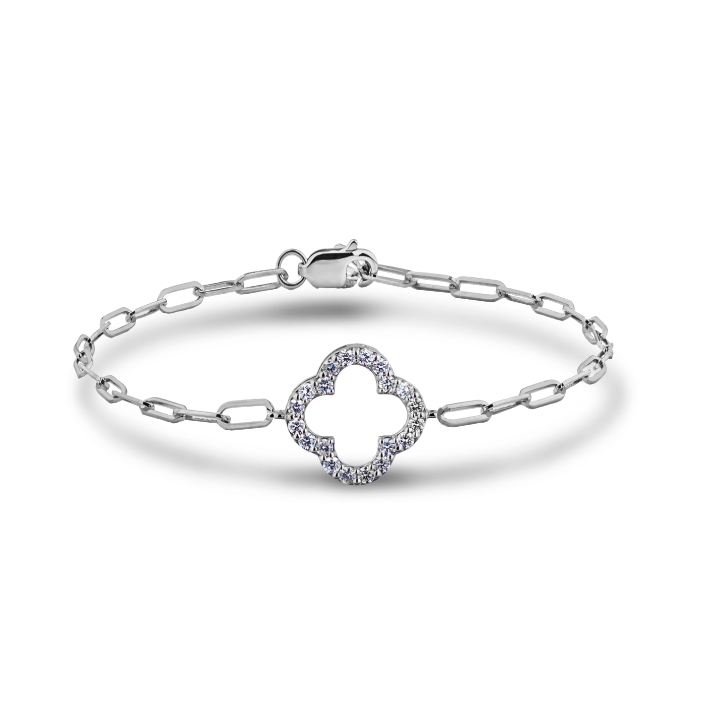 Sterling Silver 0.16 Cttw Canadian Diamond Open Clover Paperclip 7" Bracelet (I Colour, I1-I2 Clarity)