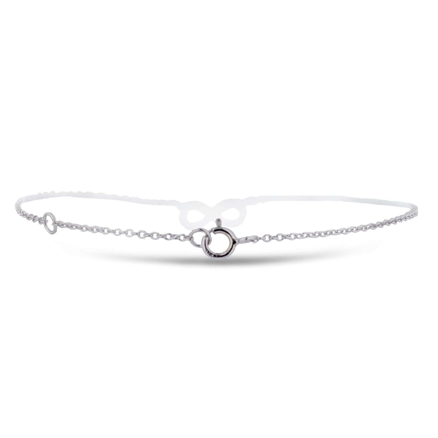 Back clasp of Sterling silver chain bracelet featuring a round brilliant cut, canadian diamond and an infinity symbol charm.