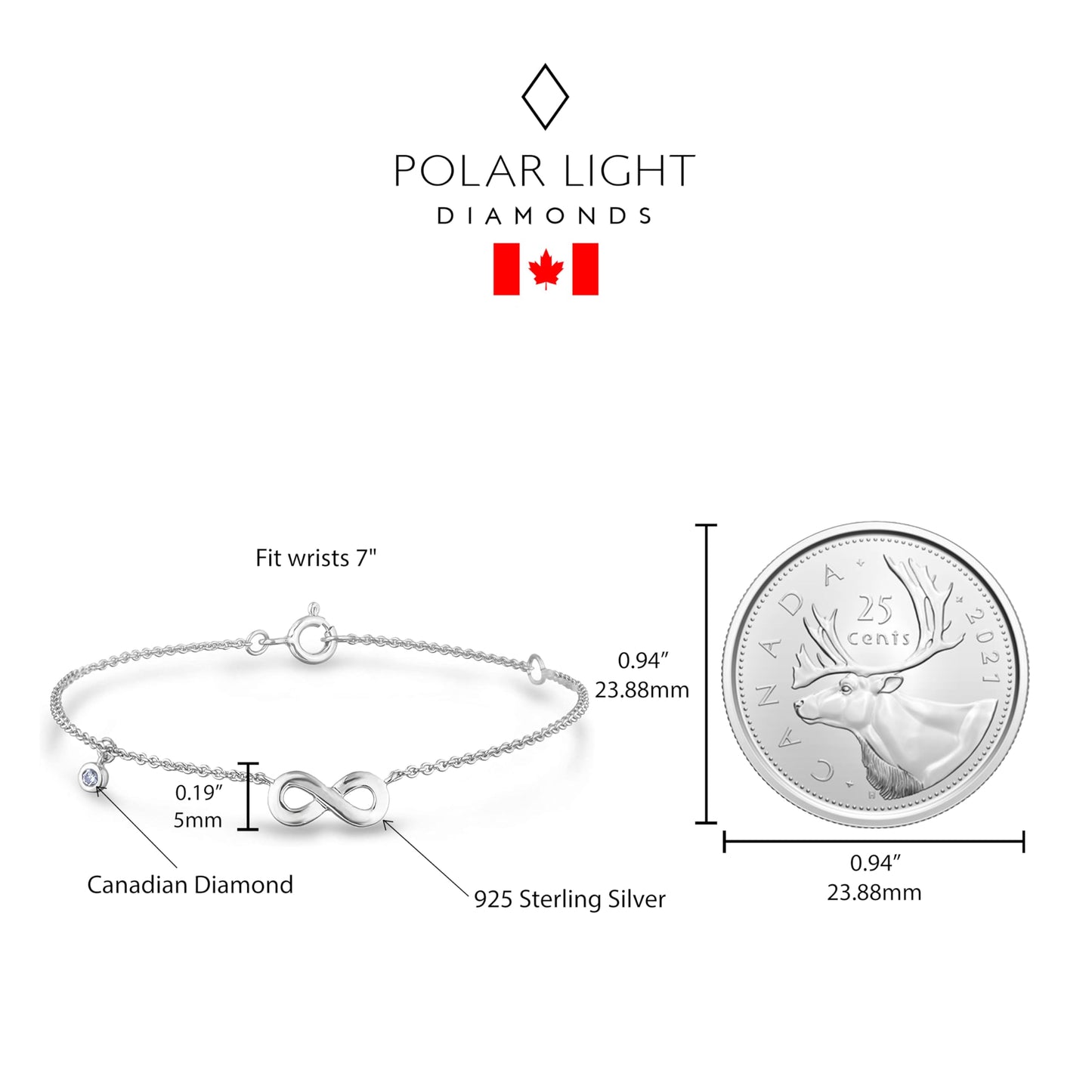 Sterling silver chain bracelet featuring a round brilliant cut, canadian diamond and an infinity symbol charm size reference to a Canadian quarter.