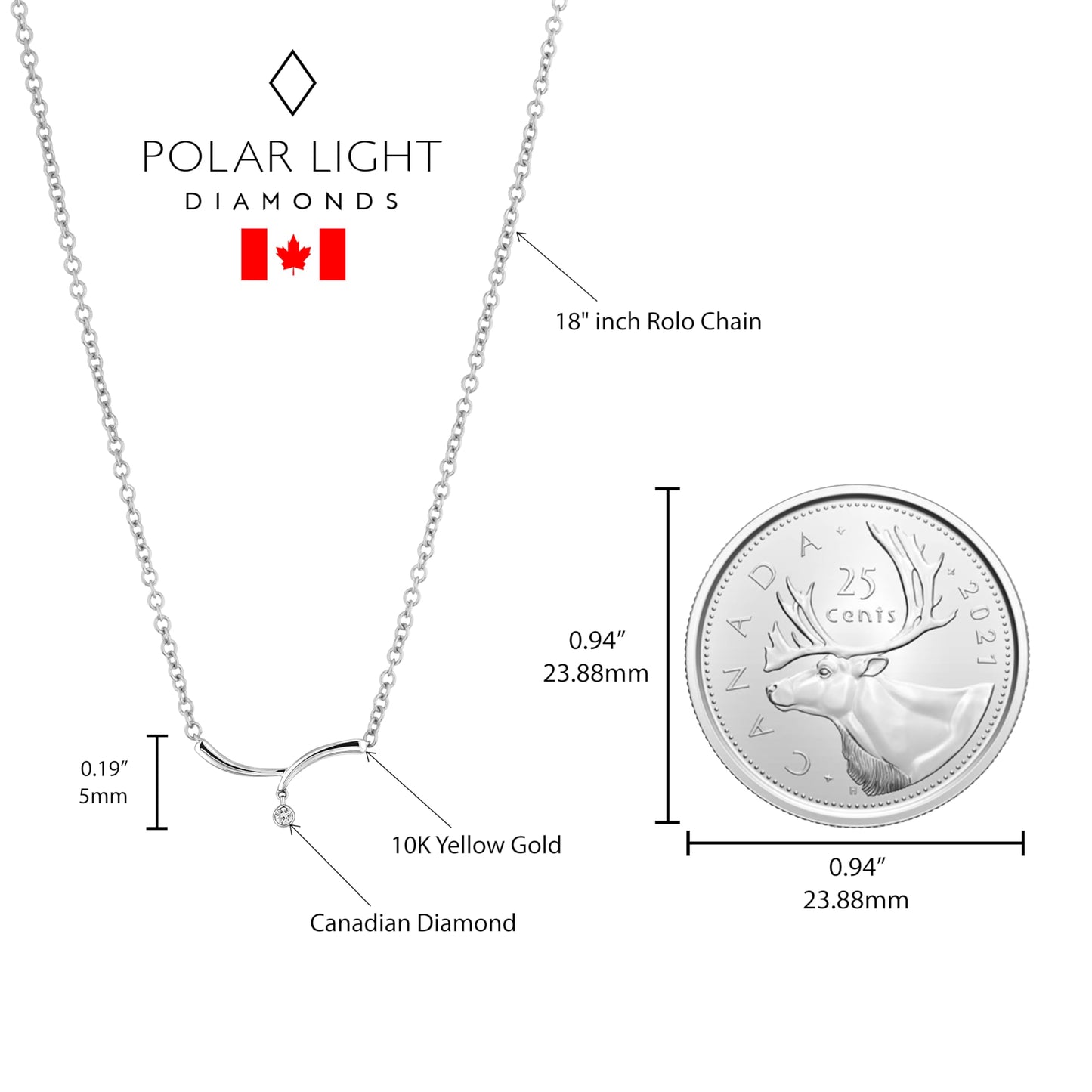 Size reference for Sterling silver drop wave necklace pendant featuring a round brilliant cut, canadian diamond solitaire to a Canadian quarter.