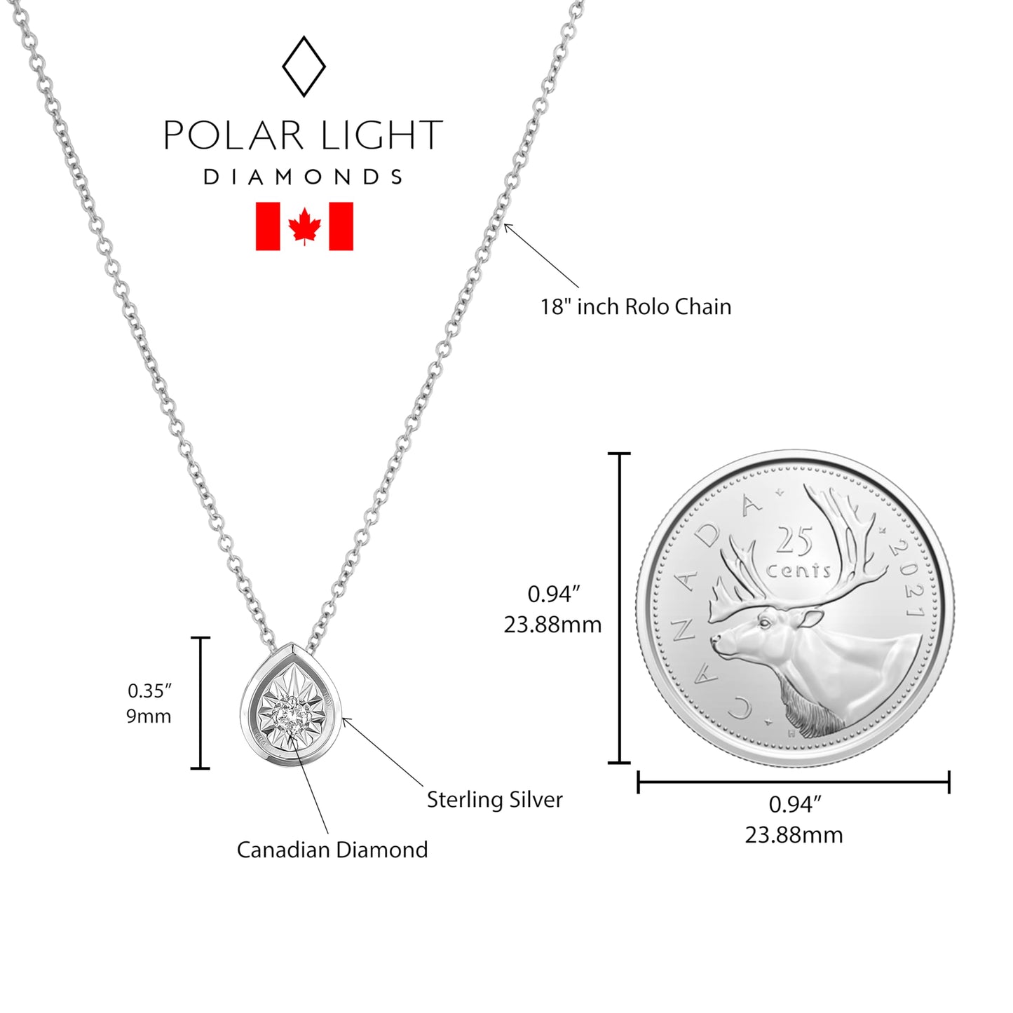 size comparison of Sterling silver pear shaped pendant featuring a round brilliant cut, canadian diamond set in a miracle illusion setting to the Canadian quarter.