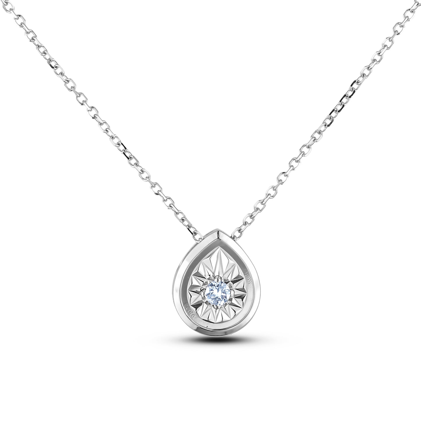 Sterling silver pear shaped pendant featuring a round brilliant cut, canadian diamond set in a miracle illusion setting.