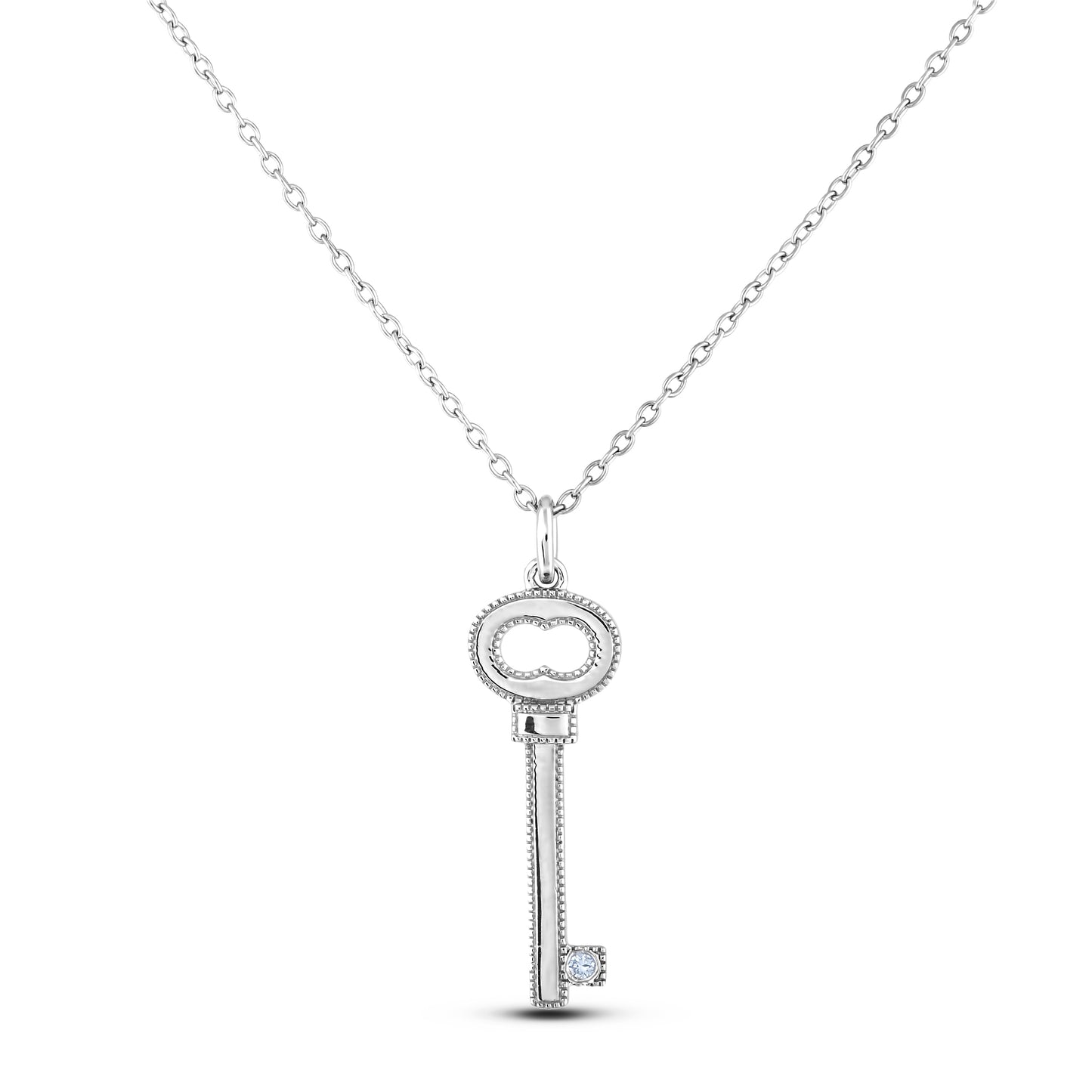 Sterling silver key pendant featuring a round brilliant cut, canadian diamond in the center.