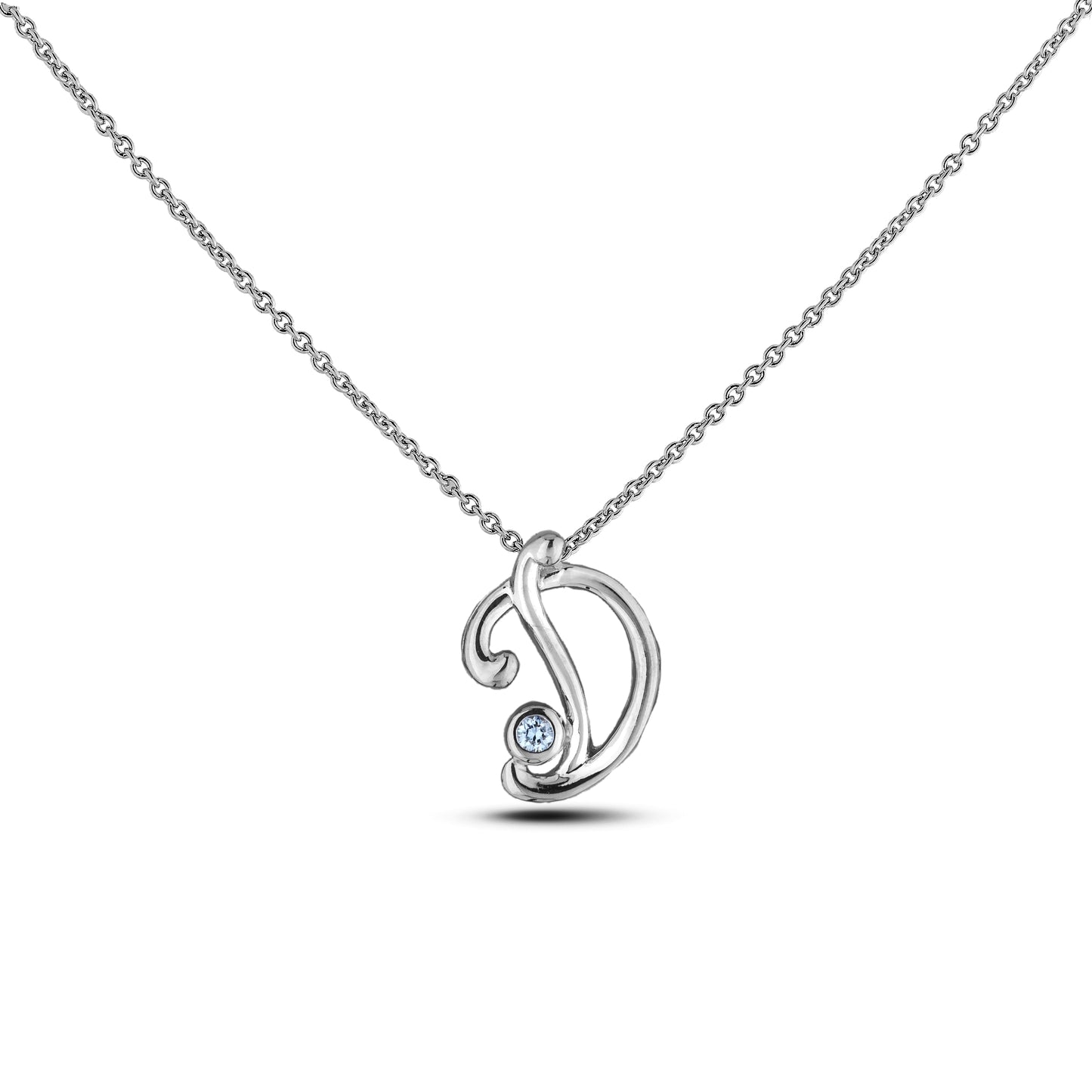 Sterling silver Canadian diamond pendant necklace featuring a script alphabet letter D design, displayed on a matching silver rolo chain.