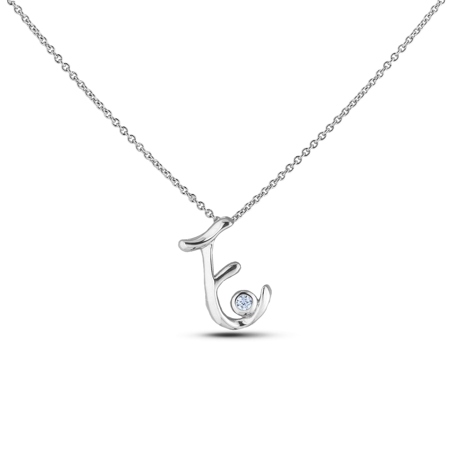 Sterling silver Canadian diamond pendant necklace featuring a script alphabet letter E design, displayed on a matching silver rolo chain.
