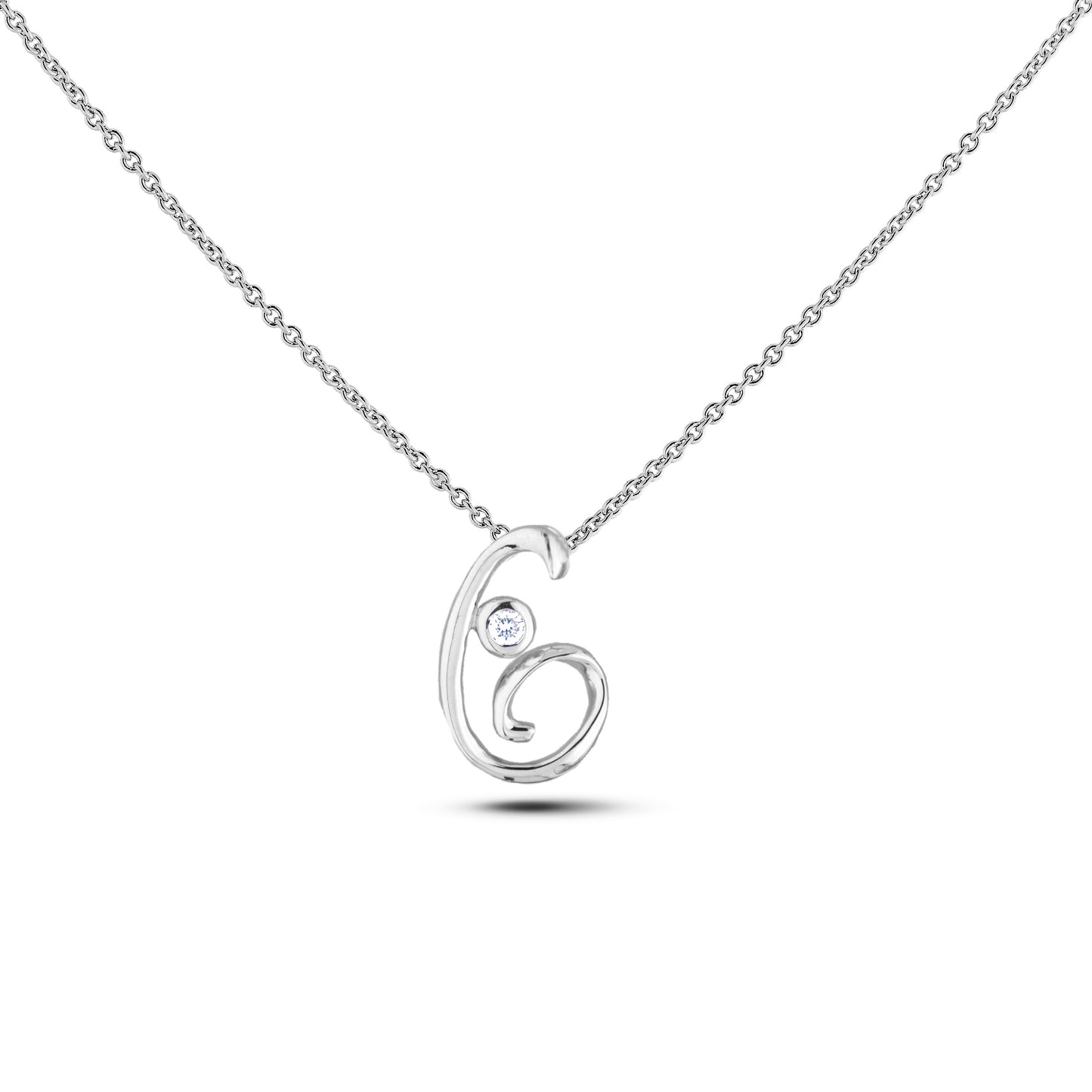 Sterling silver Canadian diamond pendant necklace featuring a script alphabet letter G design, displayed on a matching silver rolo chain.