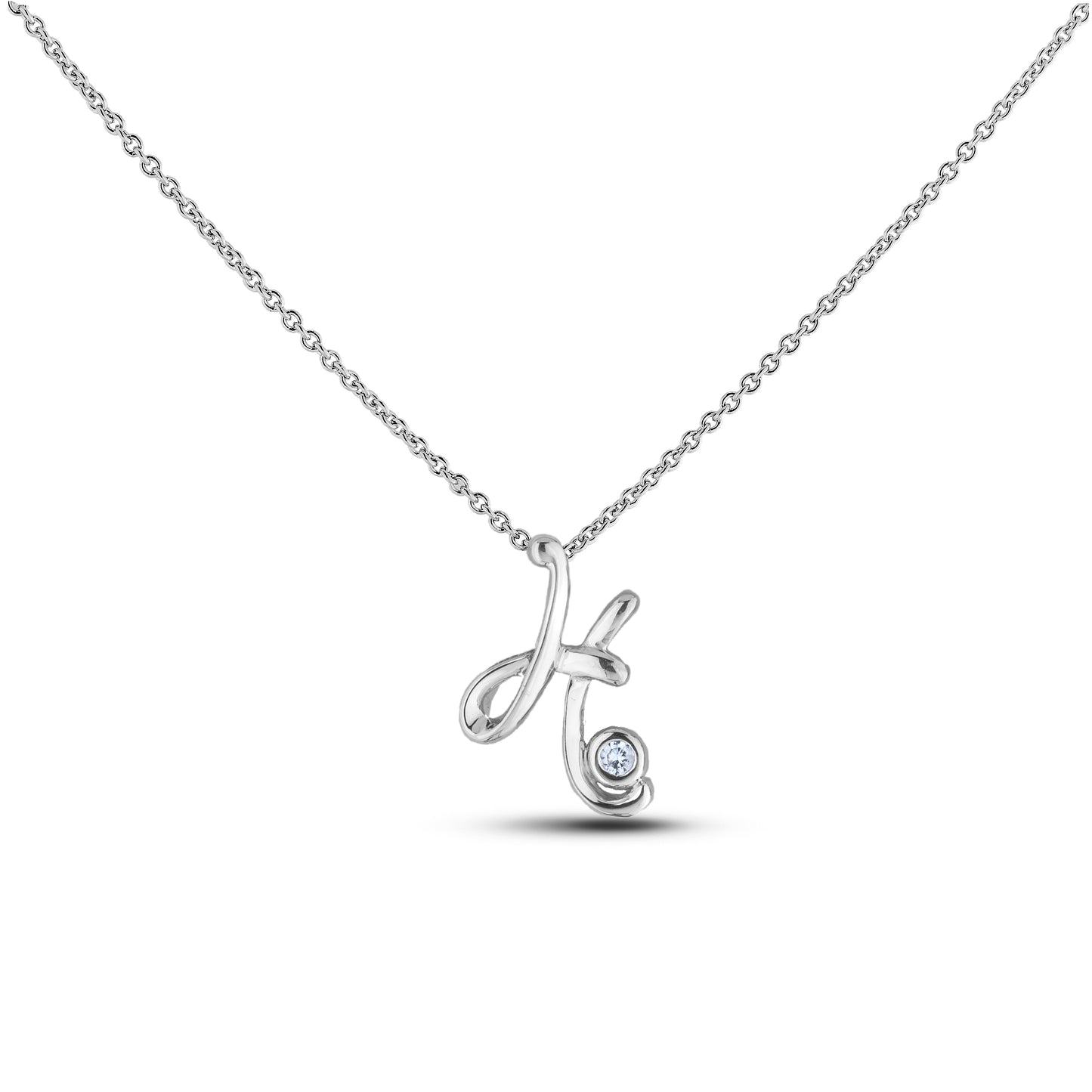 Sterling silver Canadian diamond pendant necklace featuring a script alphabet letter H design, displayed on a matching silver rolo chain.