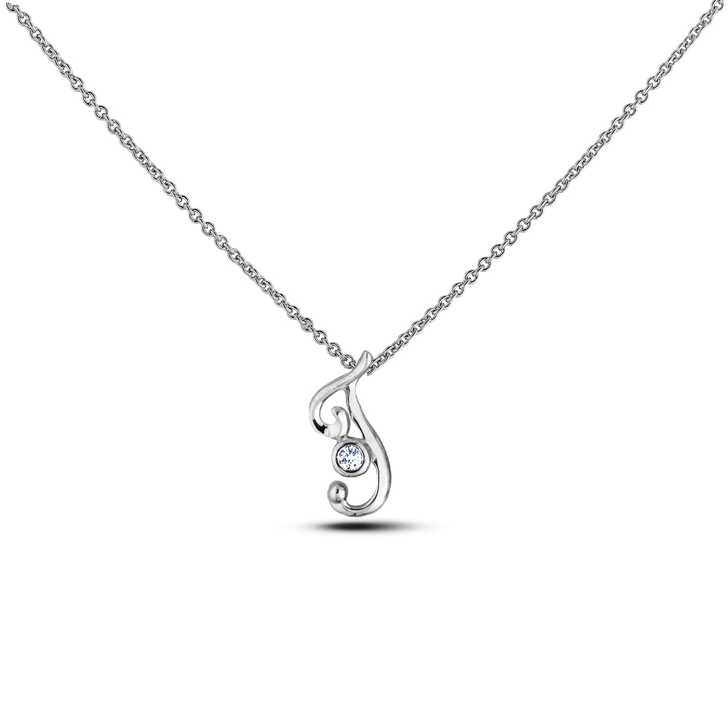 Sterling silver Canadian diamond pendant necklace featuring a script alphabet letter J design, displayed on a matching silver rolo chain.
