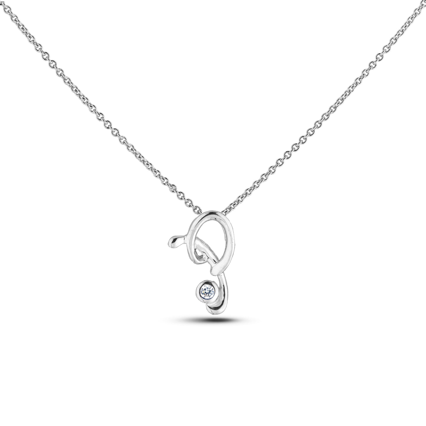 Sterling silver Canadian diamond pendant necklace featuring a script alphabet letter P design, displayed on a matching silver rolo chain.