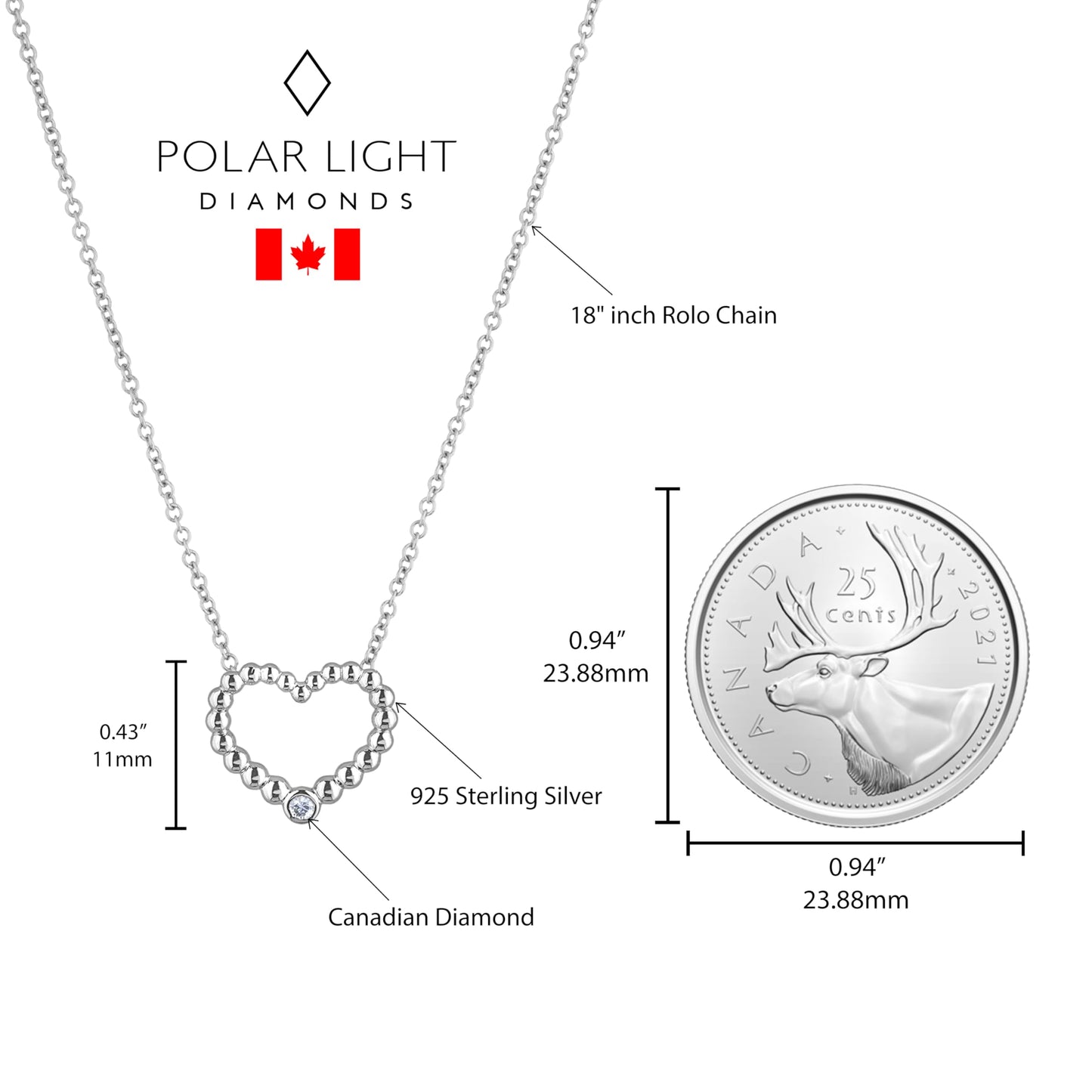 Sterling silver heart pendant featuring a round brilliant cut, canadian diamond size reference next to a Canadian quarter. Pendant is 11mm tall.