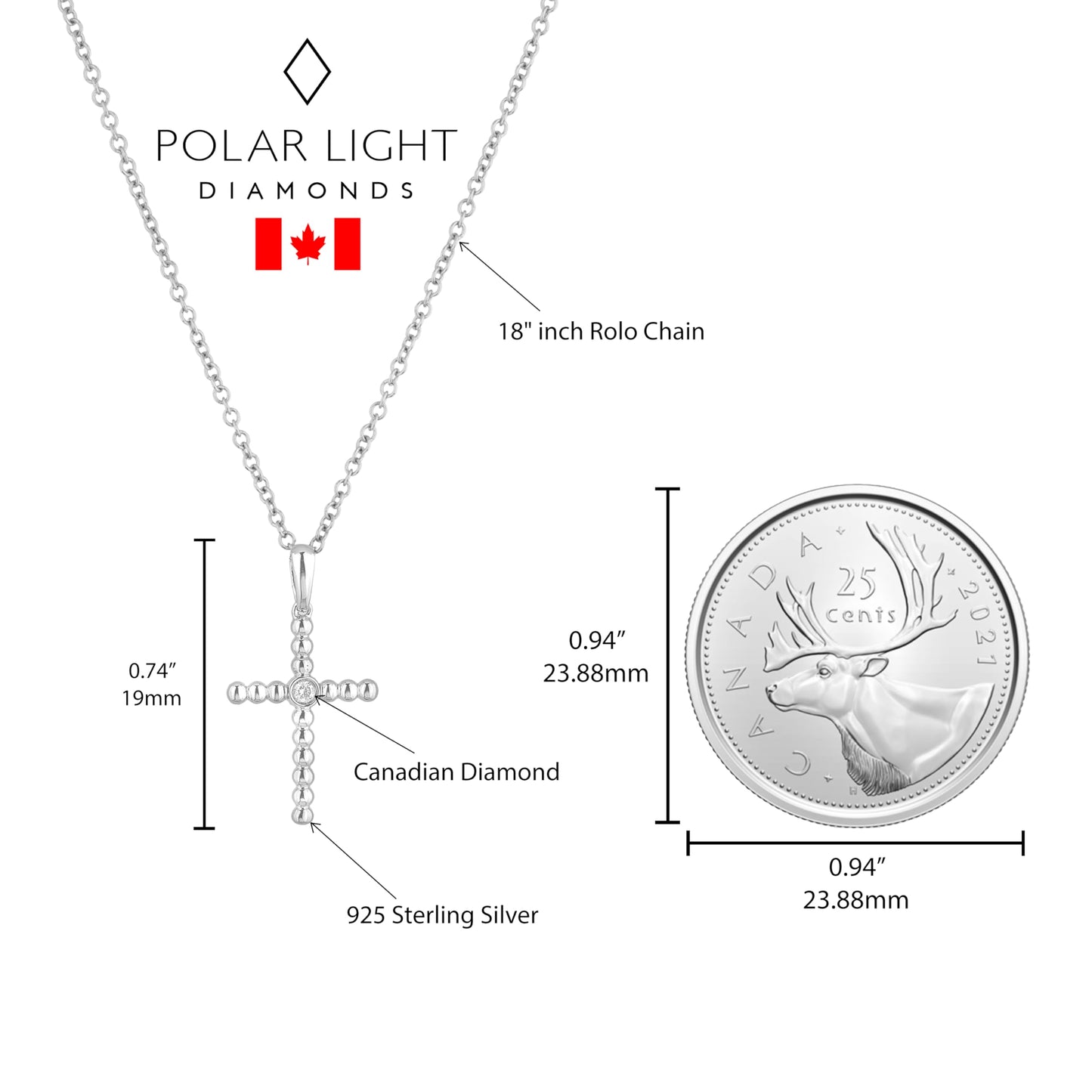 Sterling silver cross pendant featuring a round brilliant cut, canadian diamond in the center size reference to a Canadian quarter. Pendant is 19mm tall.
