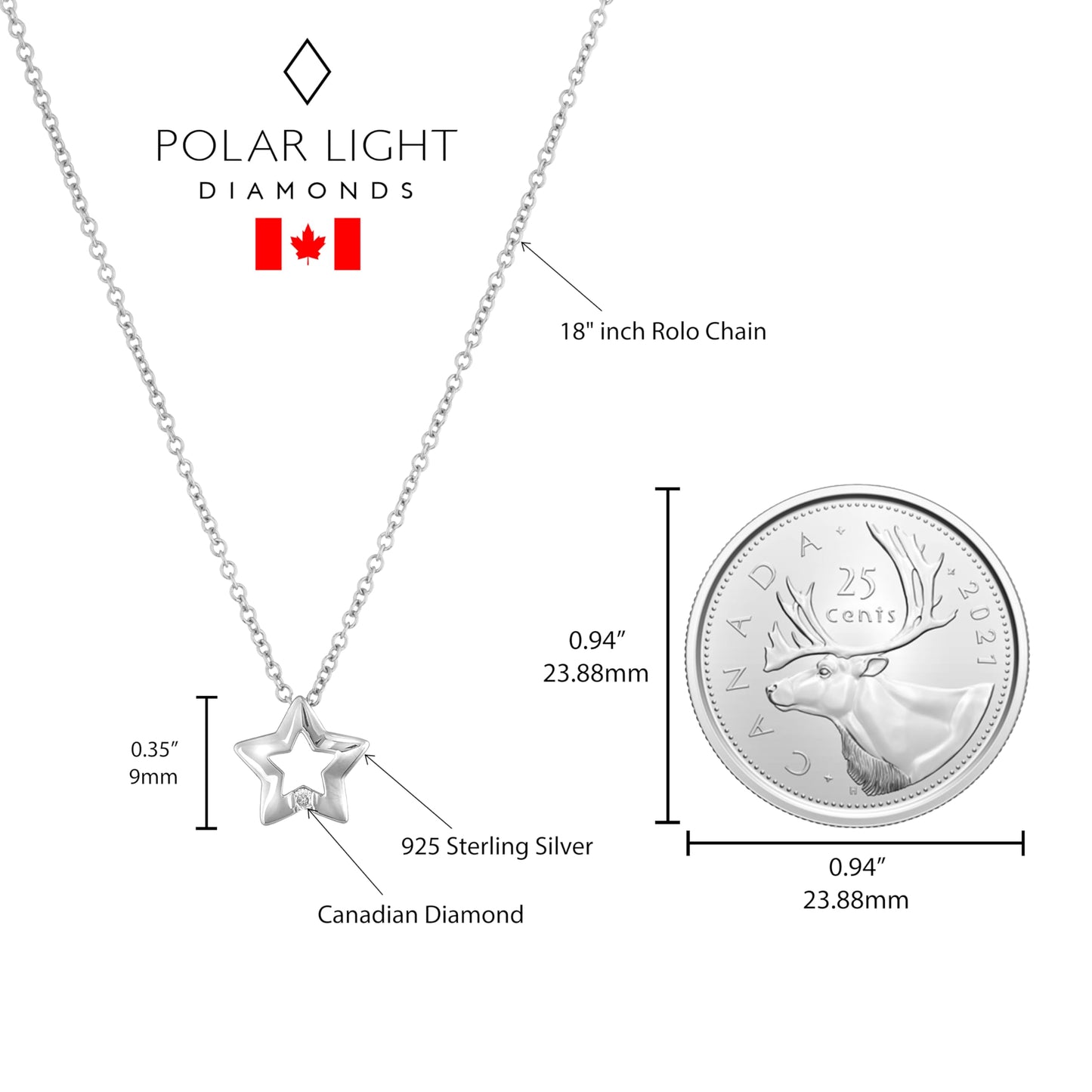 Size reference of sterling silver star pendant featuring a round brilliant cut, canadian diamond to a Canadian quarter. Pendant is 9mm tall.