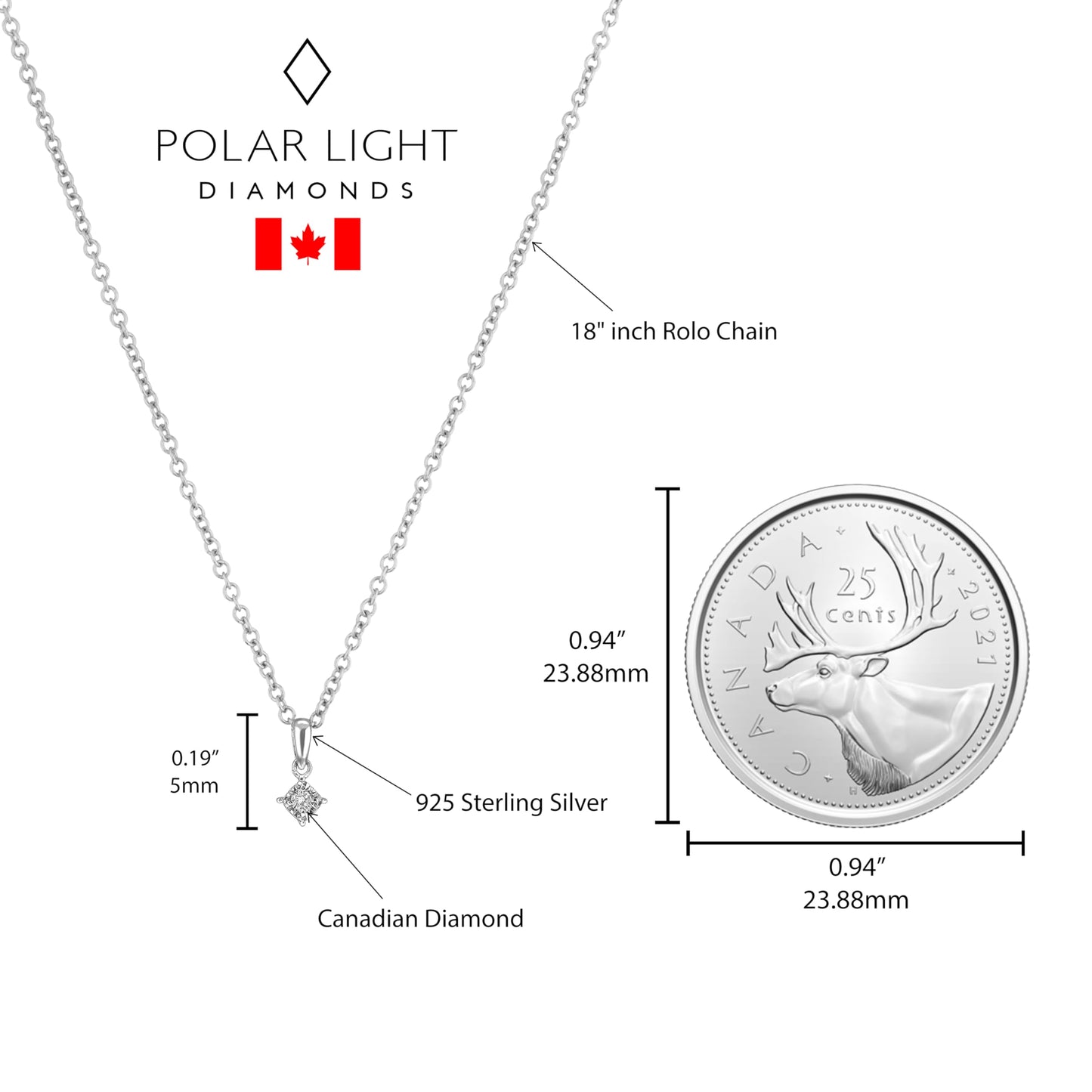 Size reference for Sterling silver solitaire pendant featuring a round brilliant cut, canadian diamond in a miracle setting compared to a Canadian quarter.