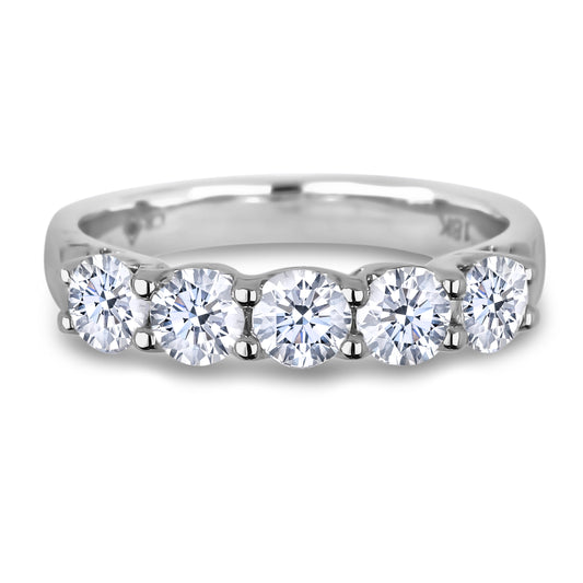 Top-down view of a five-stone diamond ring in solid 18K white gold featuring 0.90 cttw of GIA certified internally flawless E-F color diamonds set in a classic row.