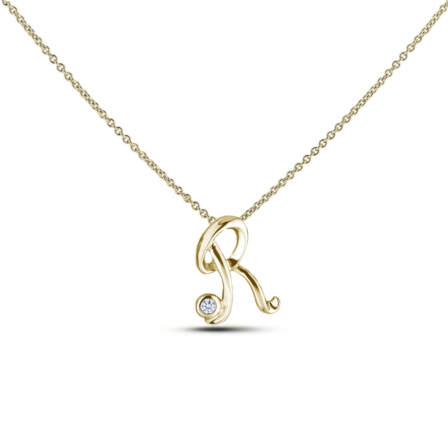 Yellow Gold Canadian diamond pendant necklace featuring a script alphabet letter S design, displayed on a matching silver rolo chain.