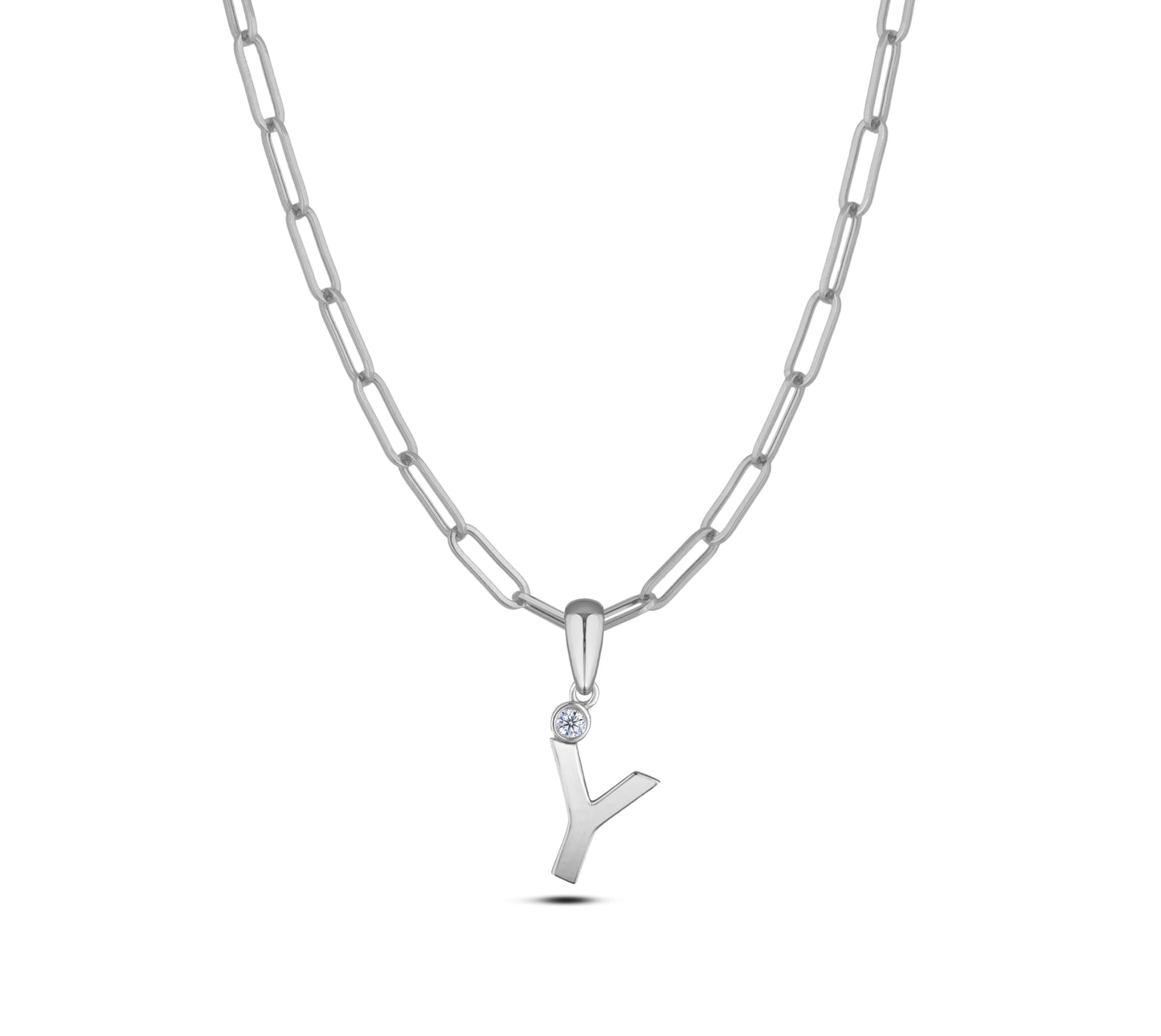 Sterling silver Canadian diamond pendant necklace featuring a black style letter Y design, displayed on a matching silver paperclip chain.