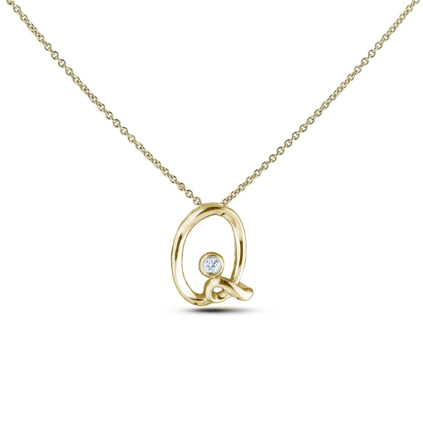 Yellow Gold Canadian diamond pendant necklace featuring a script alphabet letter P design, displayed on a matching silver rolo chain.