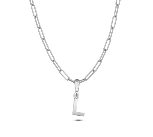 Sterling silver Canadian diamond pendant necklace featuring a black style letter L design, displayed on a matching silver paperclip chain.
