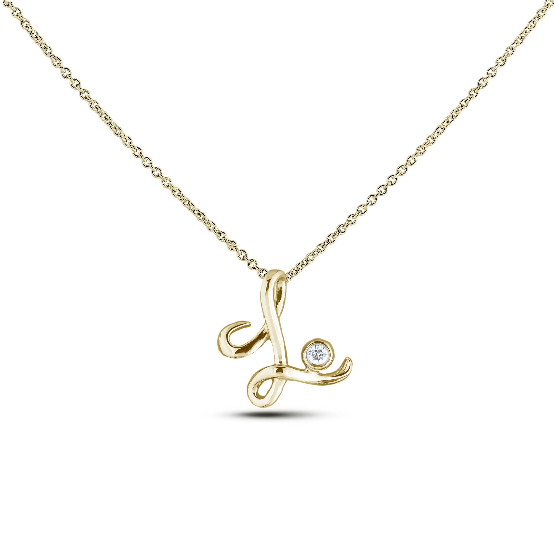 Yellow Gold Canadian diamond pendant necklace featuring a script alphabet letter L design, displayed on a matching silver rolo chain.

