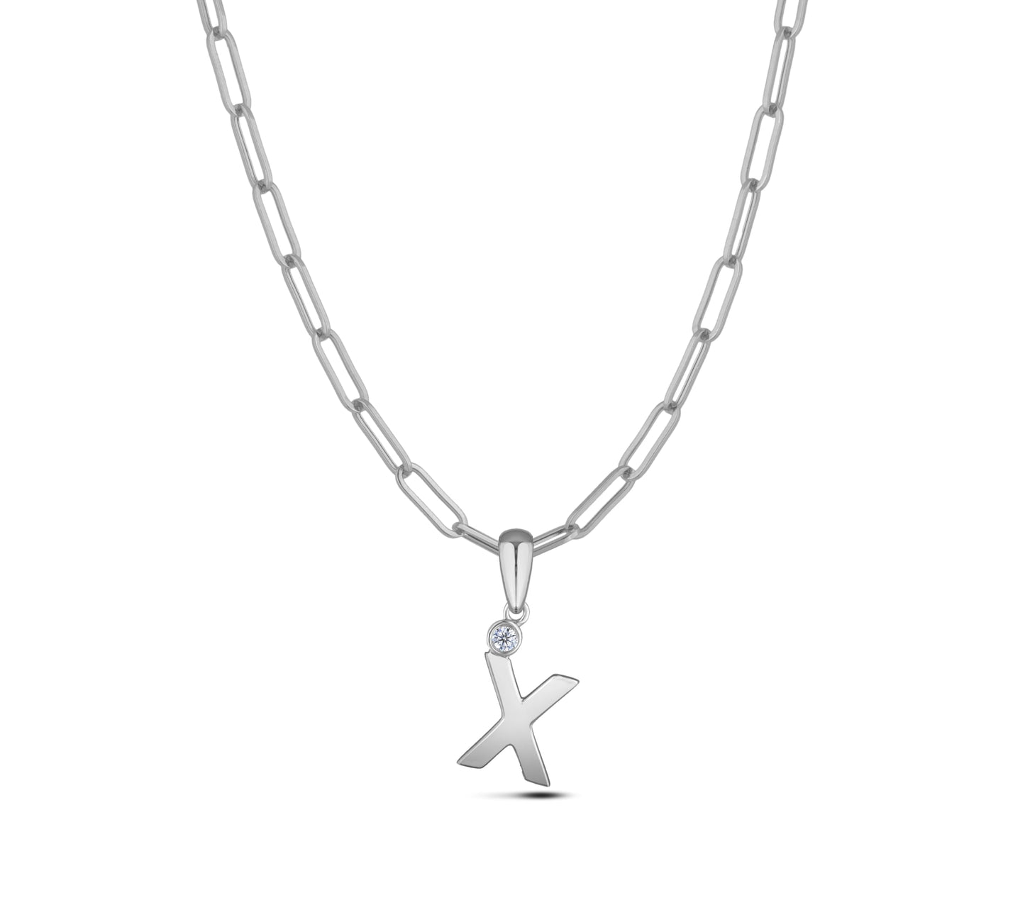 Sterling silver Canadian diamond pendant necklace featuring a black style letter X design, displayed on a matching silver paperclip chain.
