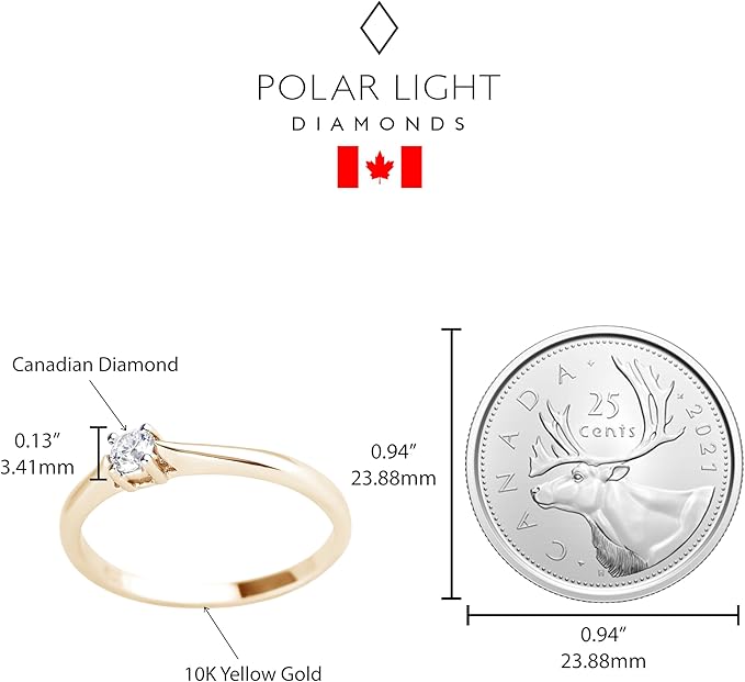 Size comparison of 10K Yellow Gold 0.10 carat Canadian diamond engagement ring next to a Canadian quarter