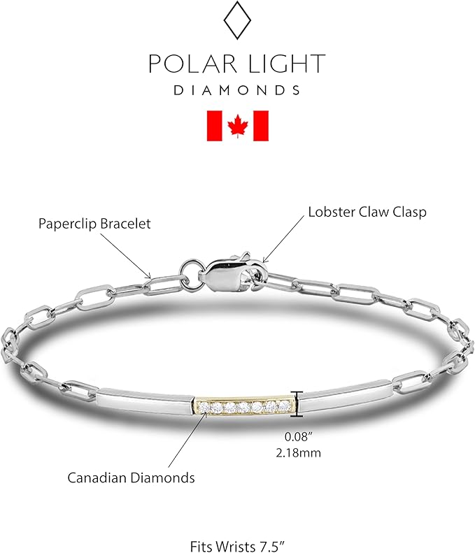 10k yellow gold and 925 sterling Silver two tone paperclip bracelet with lobster claw clasp and 0.09 carat total weight Canadian diamonds, fits wrist size 7.5 inches.