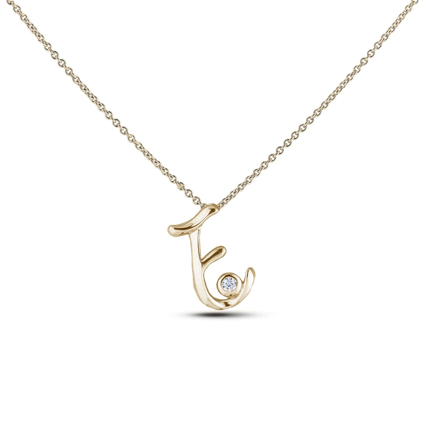 Yellow Gold Canadian diamond pendant necklace featuring a script alphabet letter E design, displayed on a matching silver rolo chain.

