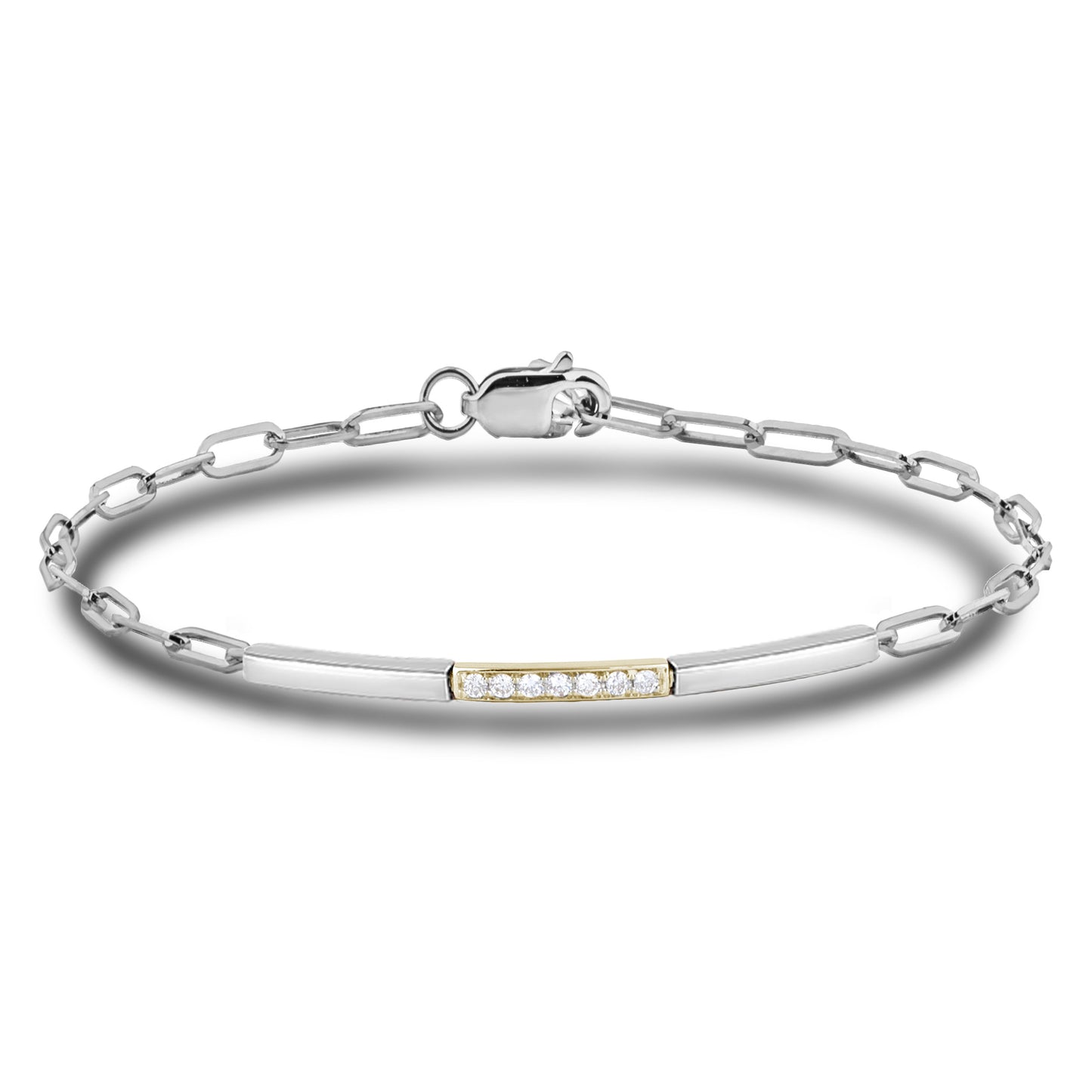 A sterling silver paperclip link bracelet featuring alternating bars in polished sterling silver and 10K yellow gold. The central yellow gold bar is set with seven natural Canadian diamonds, flanked by sleek sterling silver bars and a secure lobster claw clasp.