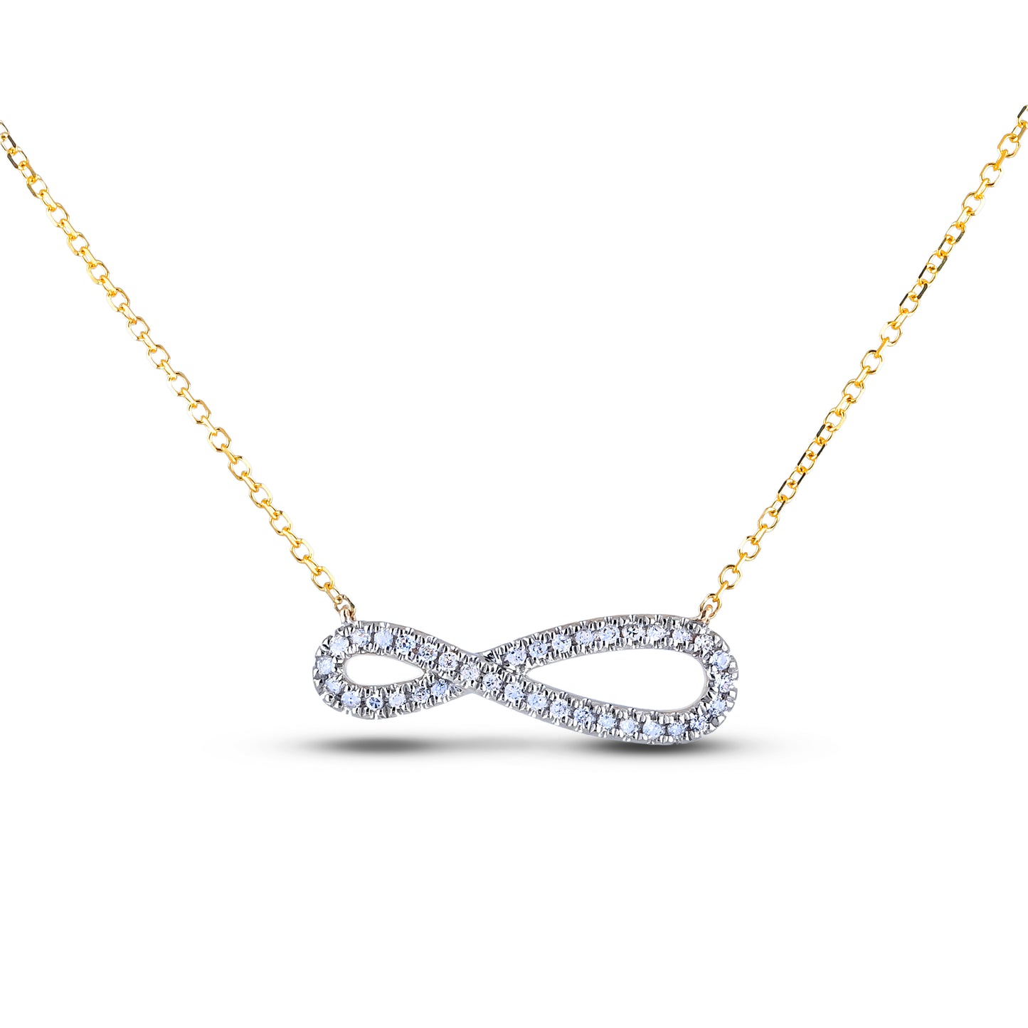 Gold necklace with a diamond infinity pendant on a white background