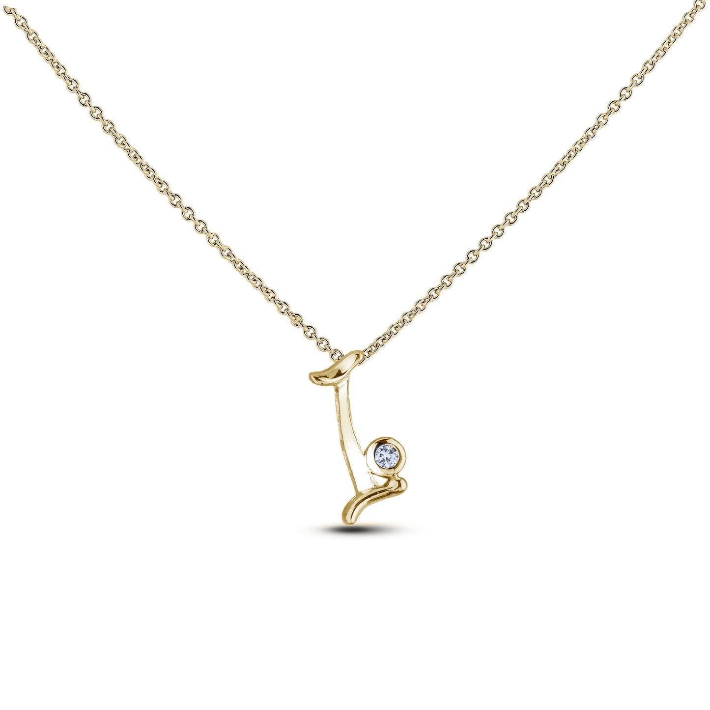 Yellow Gold Canadian diamond pendant necklace featuring a script alphabet letter I design, displayed on a matching silver rolo chain.


