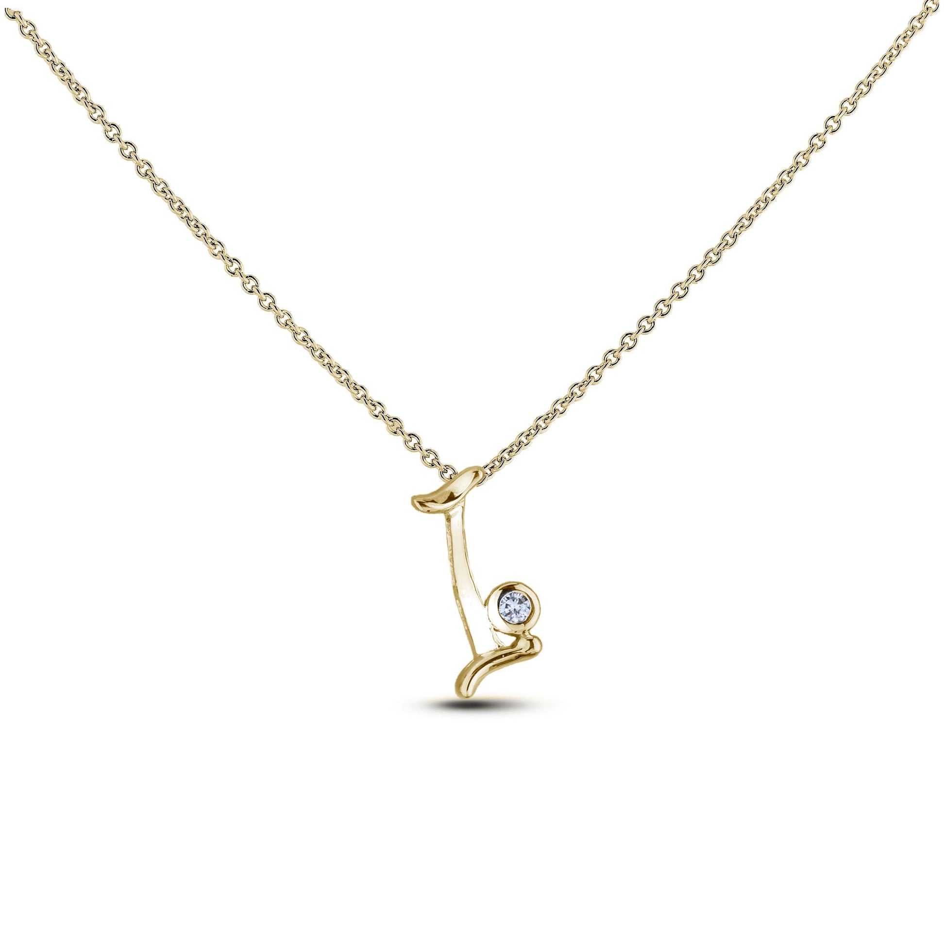 Yellow Gold Canadian diamond pendant necklace featuring a script alphabet letter I design, displayed on a matching silver rolo chain.

