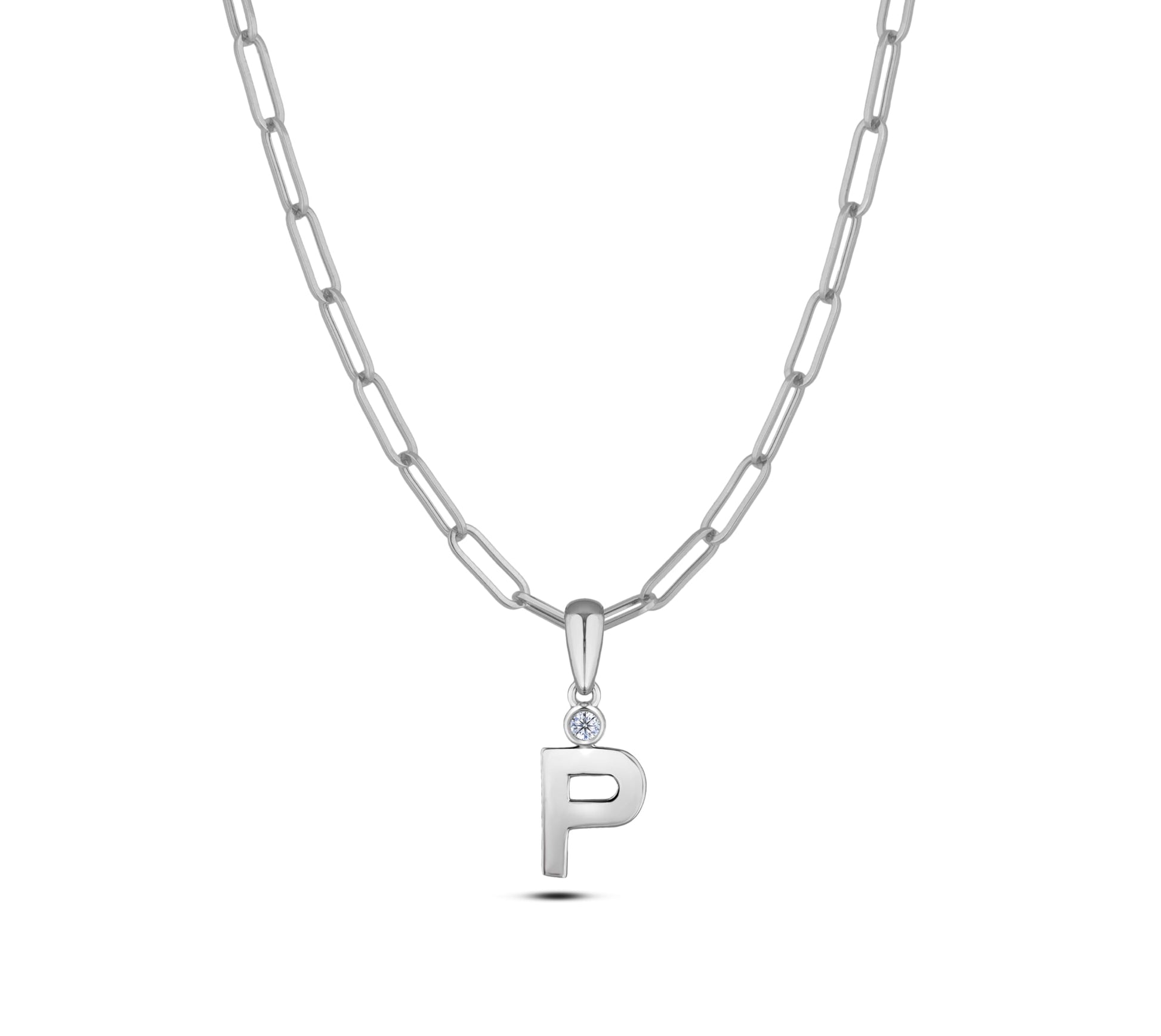 Sterling silver Canadian diamond pendant necklace featuring a black style letter P design, displayed on a matching silver paperclip chain.
