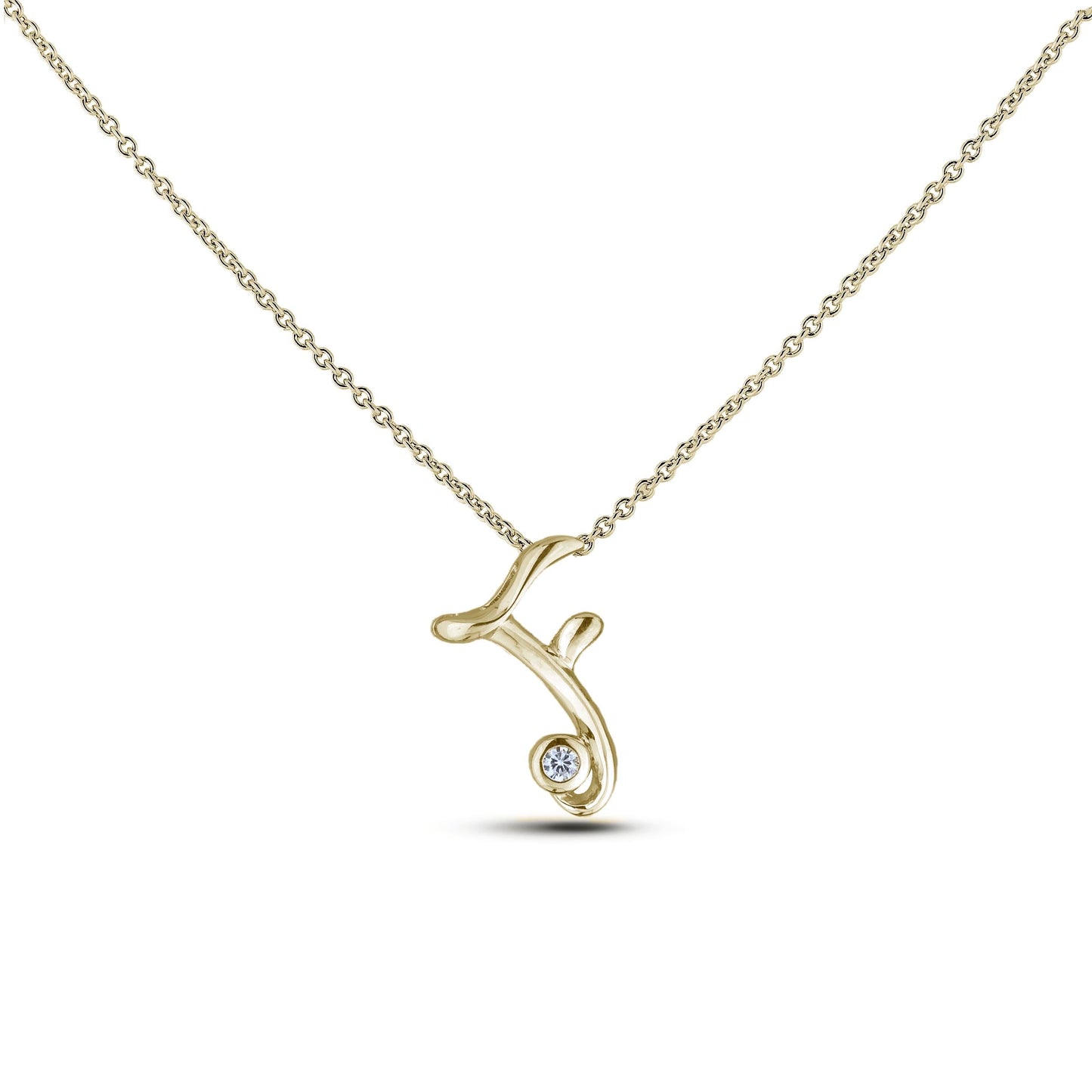 Yellow Gold Canadian diamond pendant necklace featuring a script alphabet letter F design, displayed on a matching silver rolo chain.

