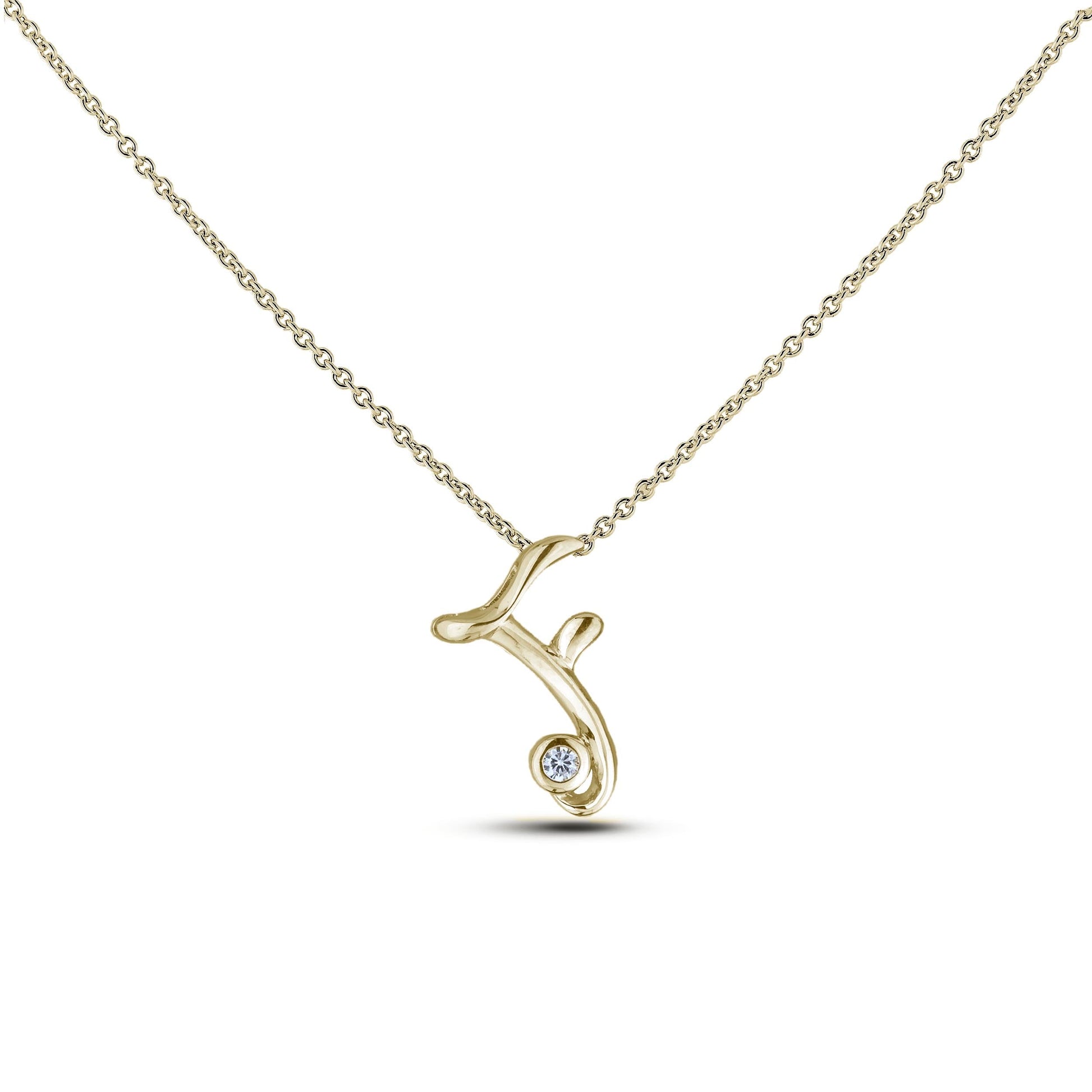 Yellow Gold Canadian diamond pendant necklace featuring a script alphabet letter F design, displayed on a matching silver rolo chain.

