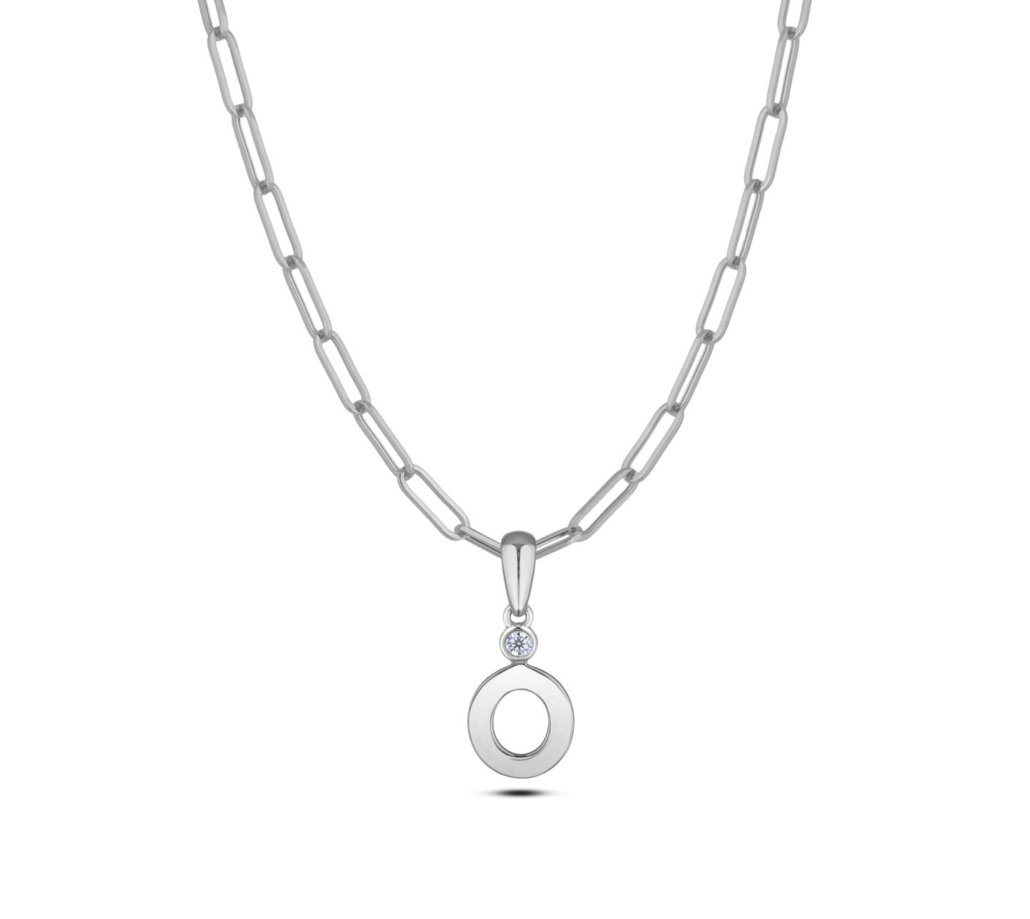 Sterling silver Canadian diamond pendant necklace featuring a black style letter O design, displayed on a matching silver paperclip chain.
