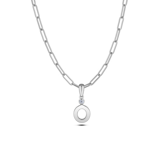 Sterling silver Canadian diamond pendant necklace featuring a black style letter O design, displayed on a matching silver paperclip chain.
