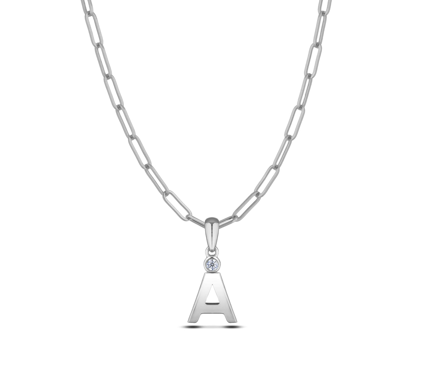 Sterling silver Canadian diamond pendant necklace featuring a black style letter A design, displayed on a matching silver paperclip chain.
